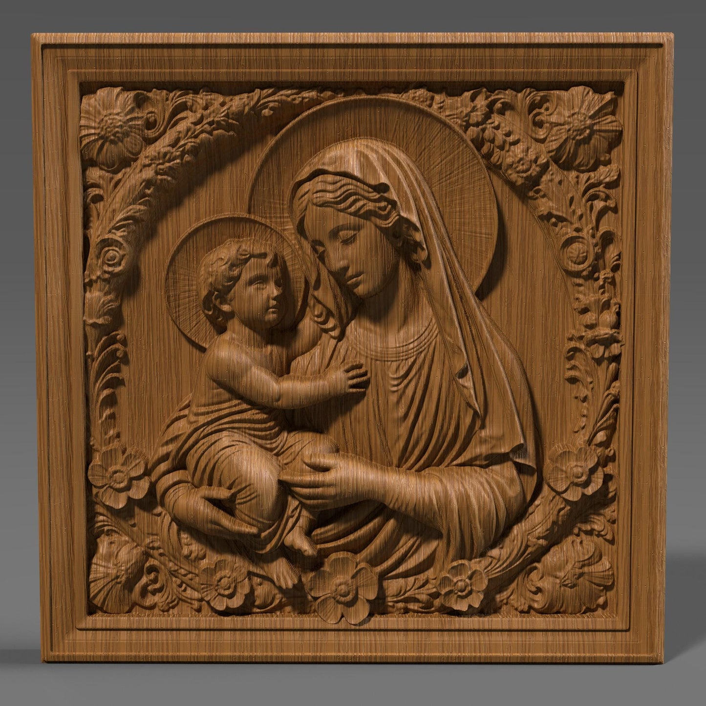 Beautiful 3D bas relief of the Virgin Mary lovingly holding baby Jesus, designed in a circular frame with delicate floral accents at the base. The model is optimized for CNC wood carving, laser engraving, or 3D printing. This sacred Christian artwork features soft facial expressions, flowing garments, and finely detailed textures. Ideal for religious decor, gift making, or wall art, available as an STL digital download for makers and hobbyists.