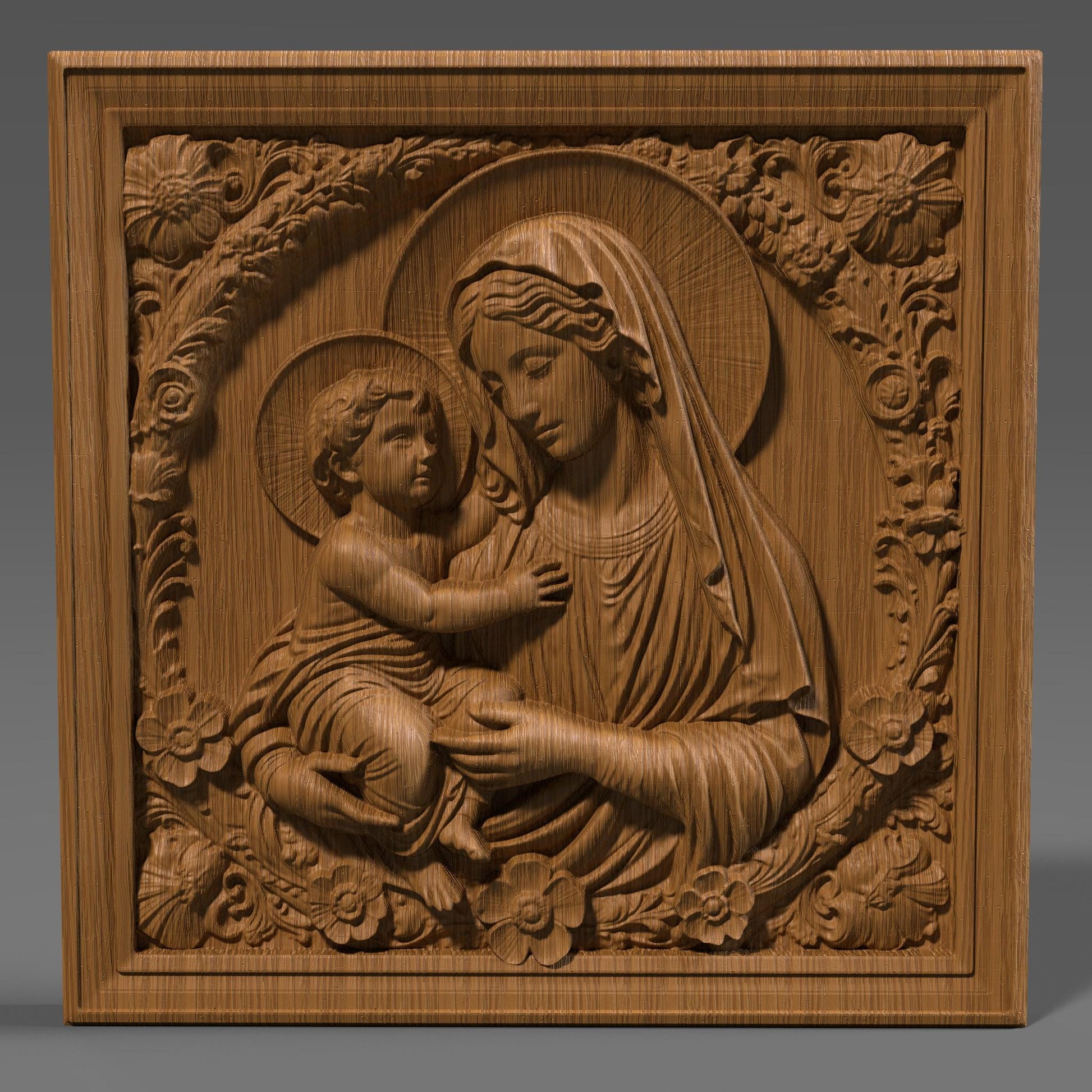 Beautiful 3D bas relief of the Virgin Mary lovingly holding baby Jesus, designed in a circular frame with delicate floral accents at the base. The model is optimized for CNC wood carving, laser engraving, or 3D printing. This sacred Christian artwork features soft facial expressions, flowing garments, and finely detailed textures. Ideal for religious decor, gift making, or wall art, available as an STL digital download for makers and hobbyists.