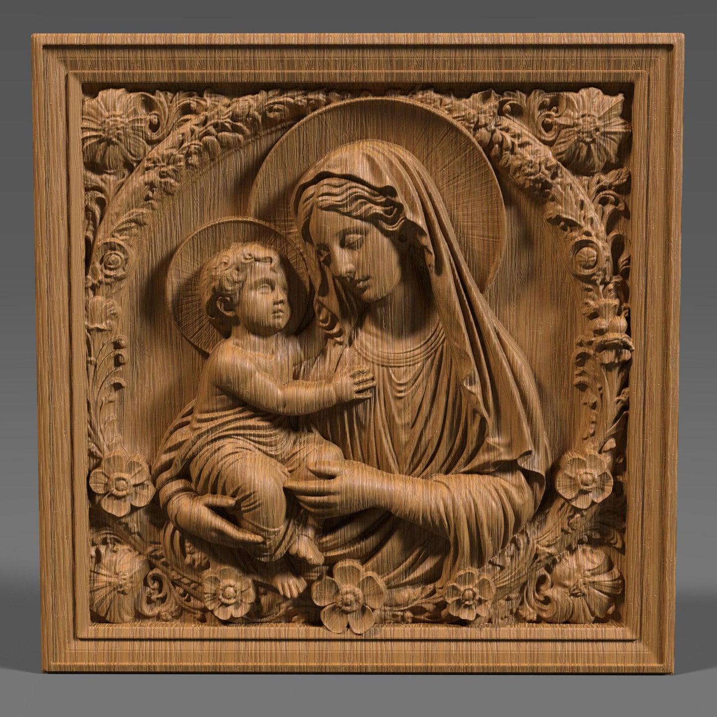 Beautiful 3D bas relief of the Virgin Mary lovingly holding baby Jesus, designed in a circular frame with delicate floral accents at the base. The model is optimized for CNC wood carving, laser engraving, or 3D printing. This sacred Christian artwork features soft facial expressions, flowing garments, and finely detailed textures. Ideal for religious decor, gift making, or wall art, available as an STL digital download for makers and hobbyists.