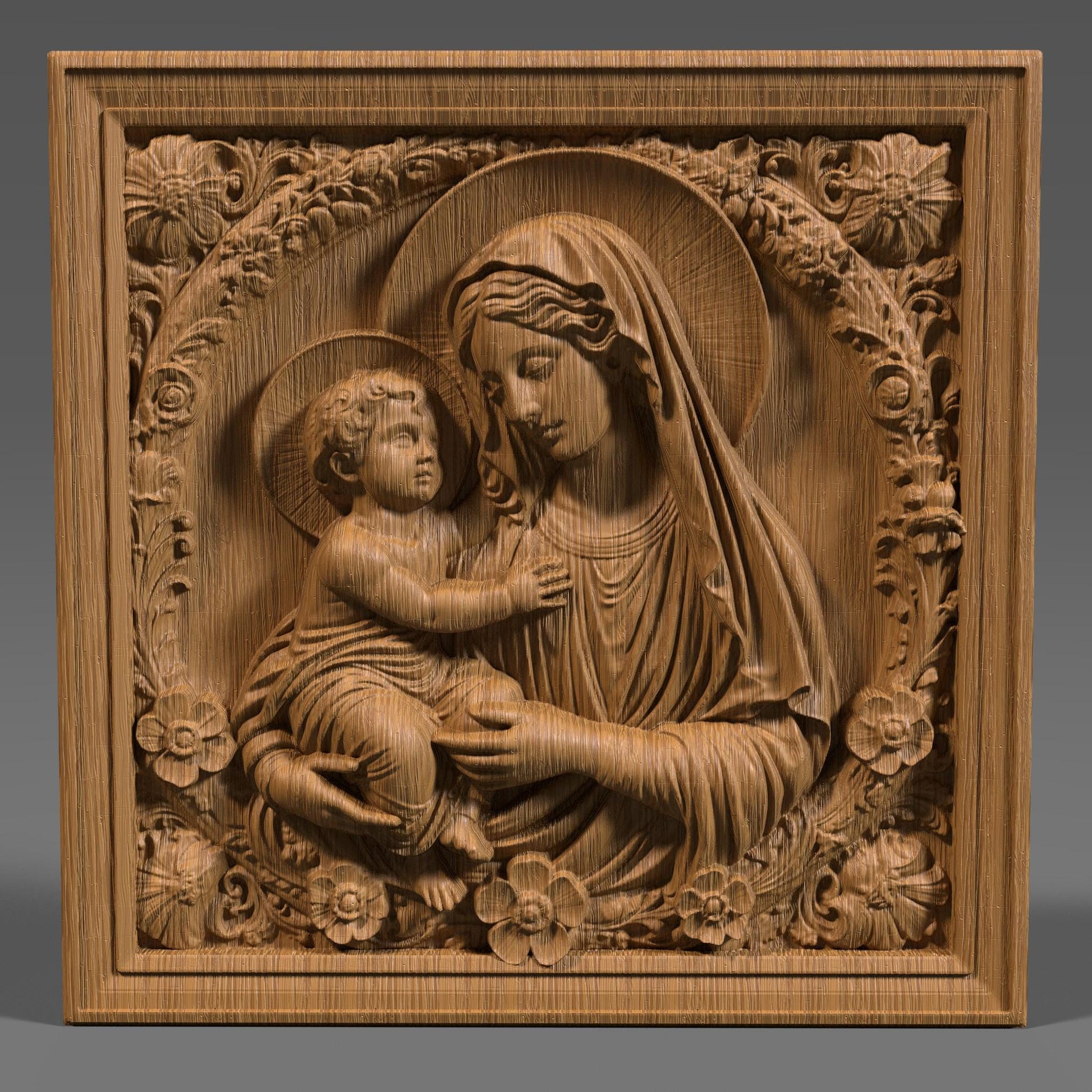 Beautiful 3D bas relief of the Virgin Mary lovingly holding baby Jesus, designed in a circular frame with delicate floral accents at the base. The model is optimized for CNC wood carving, laser engraving, or 3D printing. This sacred Christian artwork features soft facial expressions, flowing garments, and finely detailed textures. Ideal for religious decor, gift making, or wall art, available as an STL digital download for makers and hobbyists.
