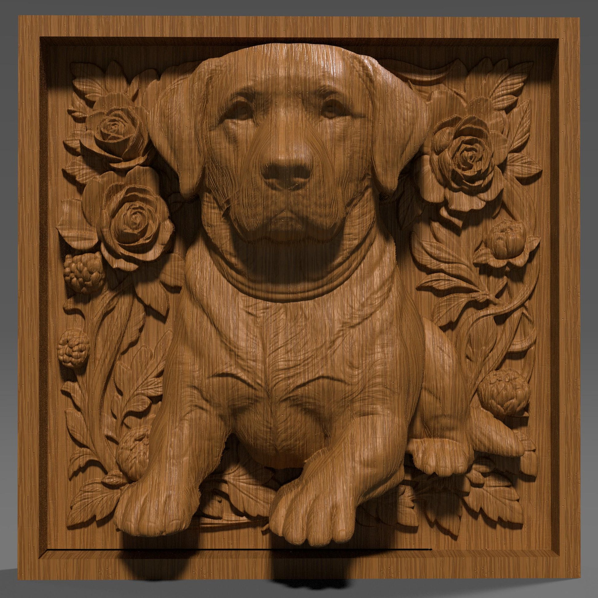 Highly detailed 3D STL bas relief of a Labrador Retriever puppy sitting in a decorative framed border, showcasing lifelike fur texture, soft eyes, and floppy ears. Ideal for CNC wood carving, laser engraving, and 3D printing in materials like wood, resin, or plastic. Perfect digital file for pet lovers, dog owners, and custom gift makers. This design captures the warmth and charm of the Labrador breed, great for personalized wall art, pet memorials, and handmade decor projects.