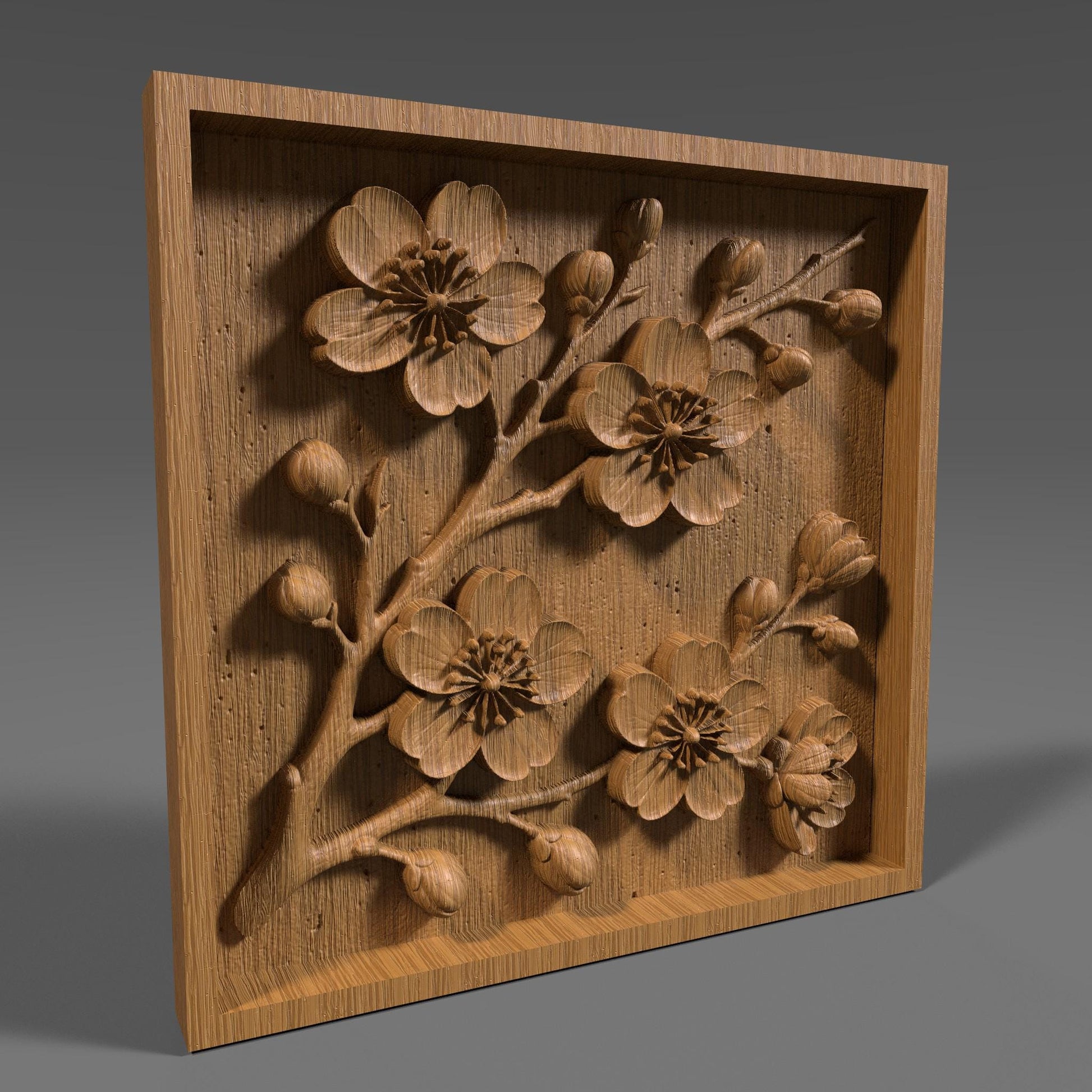 Cherry Blossom 3D STL File: Floral Wood Carving Panel (Digital Download)