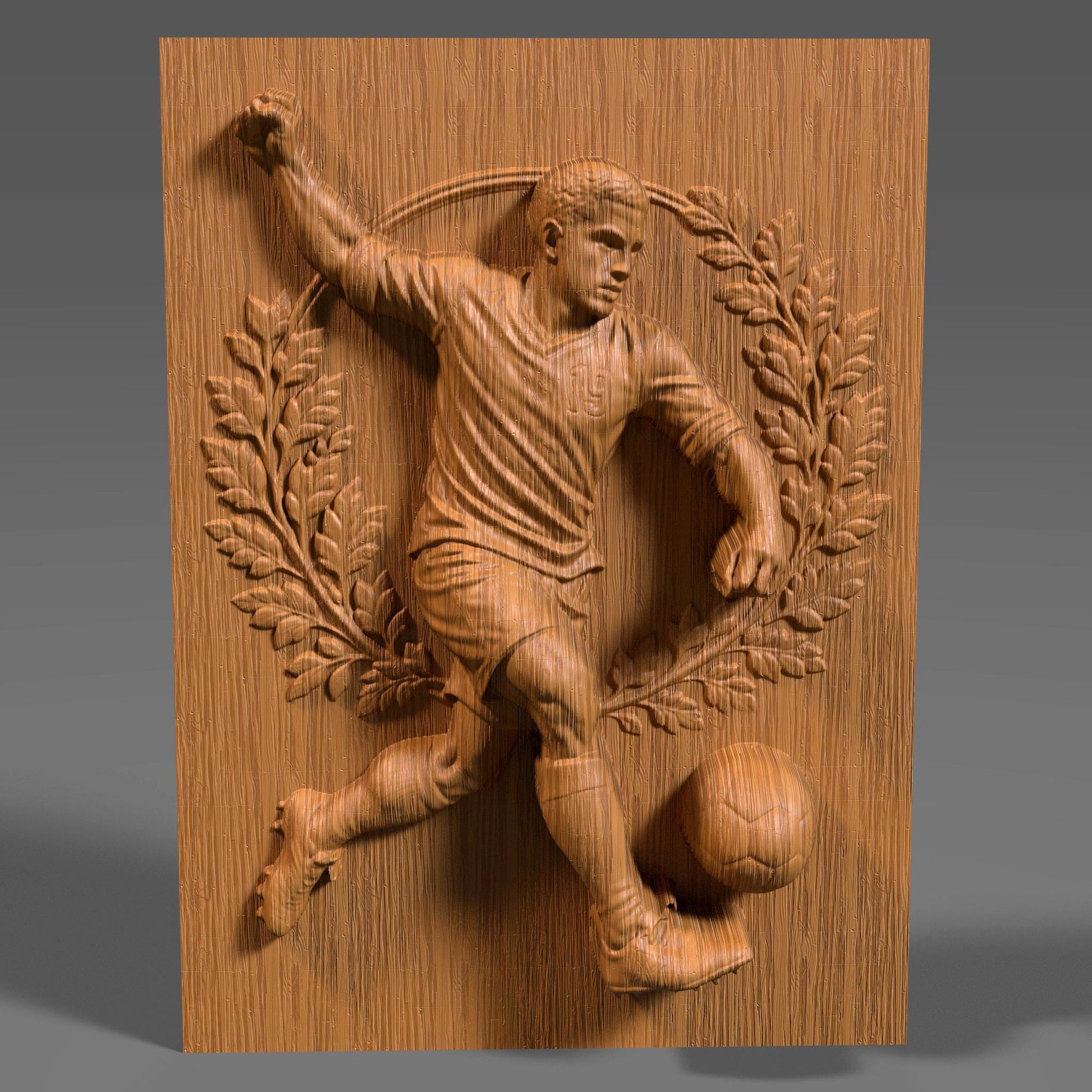 3D bas relief artwork of a dynamic male soccer player performing a powerful kick, surrounded by an ornate circular floral wreath. The athlete wears a jersey with the number 19 and is depicted mid-action with intense focus, about to strike a classic paneled soccer ball. The sculpted frame features detailed roses, leaves, and natural elements, all rendered in a carved wood finish. Ideal for CNC carving, laser engraving, or sports-themed wall decor.