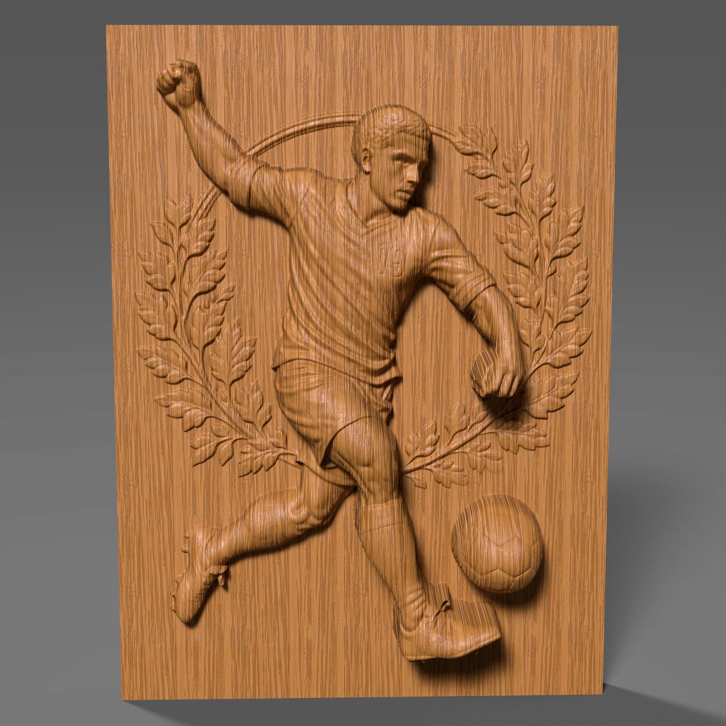 3D bas relief artwork of a dynamic male soccer player performing a powerful kick, surrounded by an ornate circular floral wreath. The athlete wears a jersey with the number 19 and is depicted mid-action with intense focus, about to strike a classic paneled soccer ball. The sculpted frame features detailed roses, leaves, and natural elements, all rendered in a carved wood finish. Ideal for CNC carving, laser engraving, or sports-themed wall decor.