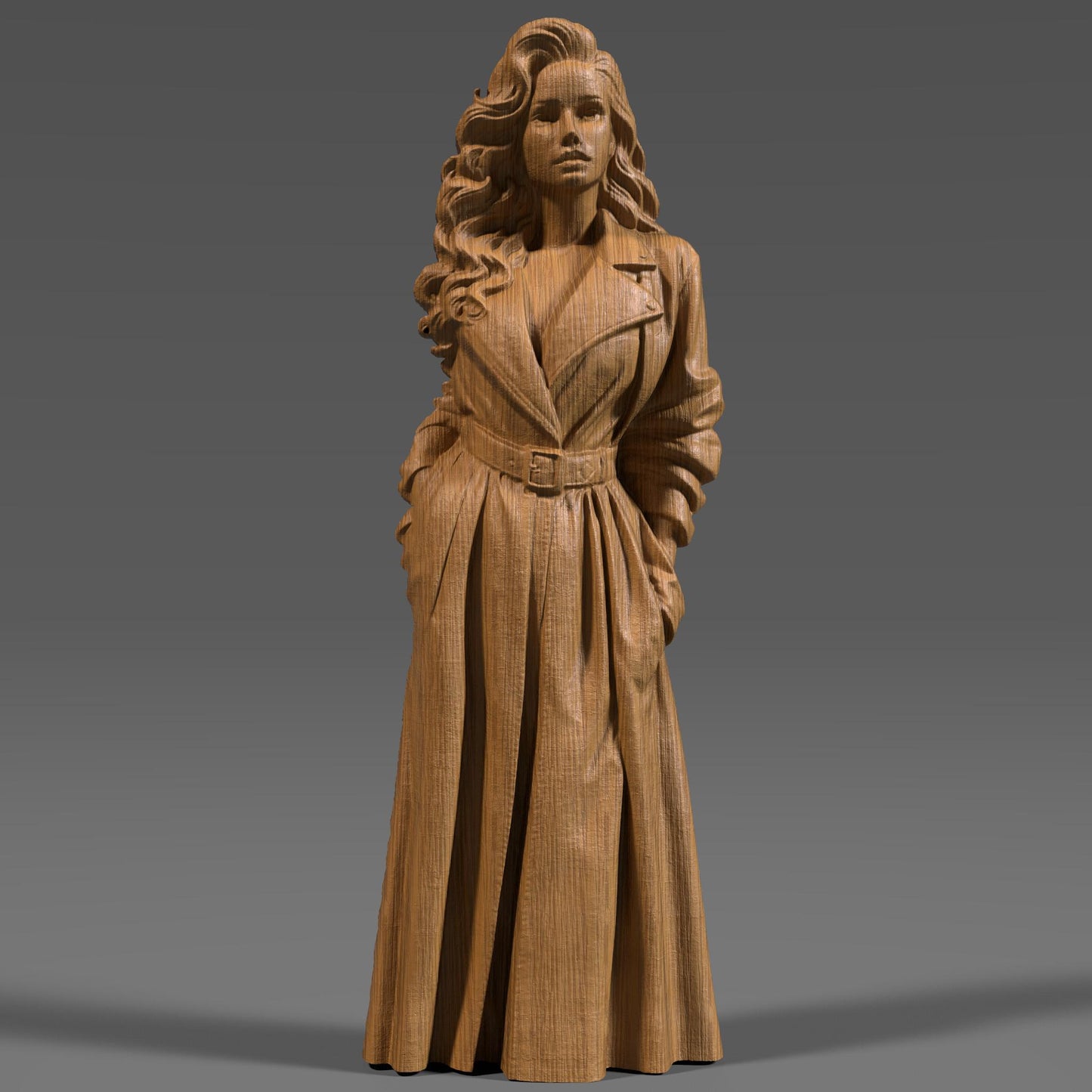 3D wood carving of an elegant woman in a belted trench coat, standing confidently with hands in pockets. Her long, wavy hair cascades over her shoulders, and her expression is bold and graceful. The bas relief sculpture captures detailed folds in the coat and realistic facial features, making it ideal for CNC wood carving, engraving, or wall art decor.