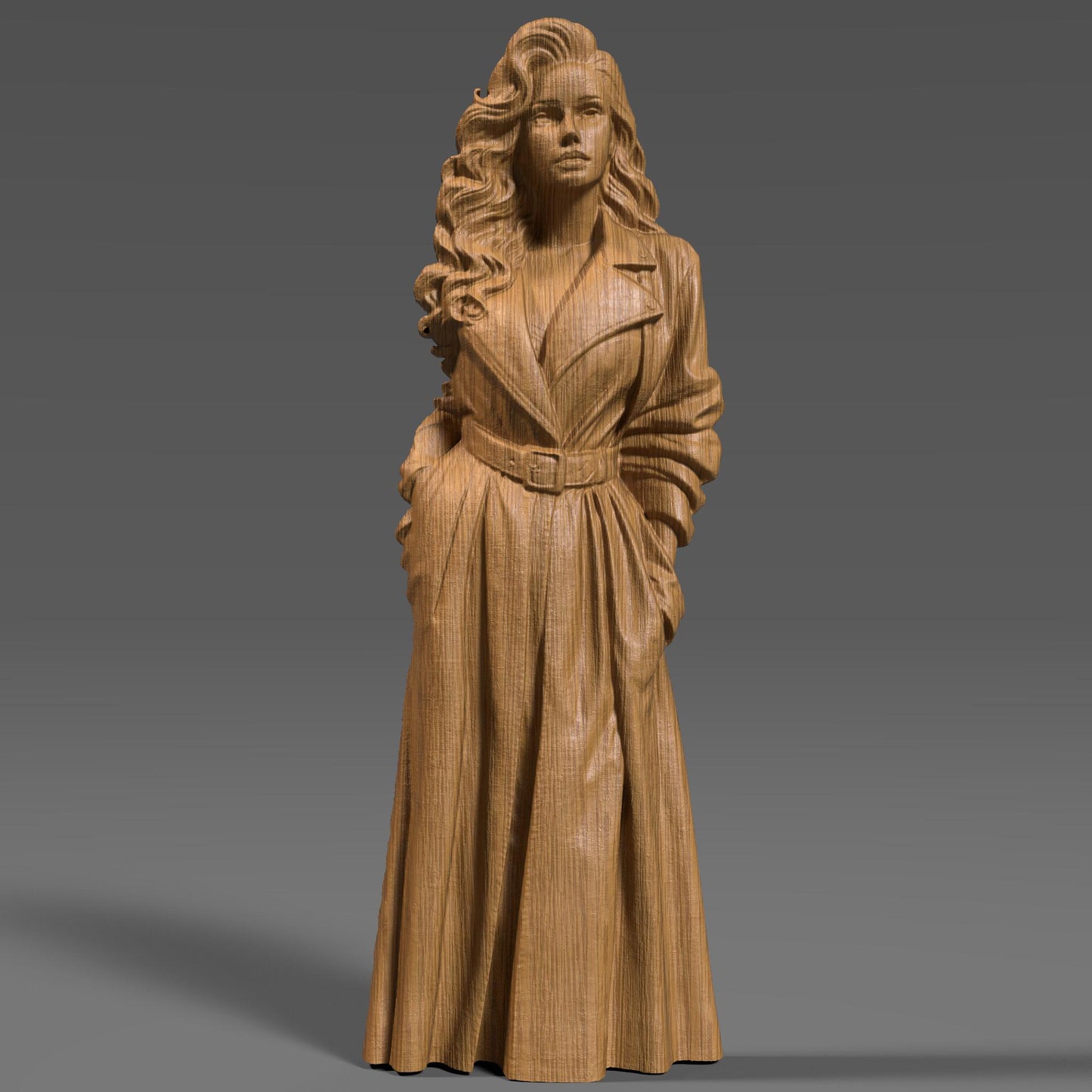 3D wood carving of an elegant woman in a belted trench coat, standing confidently with hands in pockets. Her long, wavy hair cascades over her shoulders, and her expression is bold and graceful. The bas relief sculpture captures detailed folds in the coat and realistic facial features, making it ideal for CNC wood carving, engraving, or wall art decor.