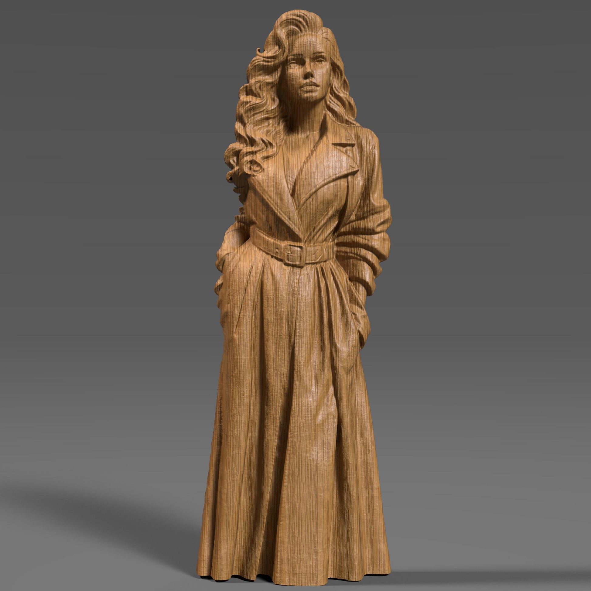 3D wood carving of an elegant woman in a belted trench coat, standing confidently with hands in pockets. Her long, wavy hair cascades over her shoulders, and her expression is bold and graceful. The bas relief sculpture captures detailed folds in the coat and realistic facial features, making it ideal for CNC wood carving, engraving, or wall art decor.