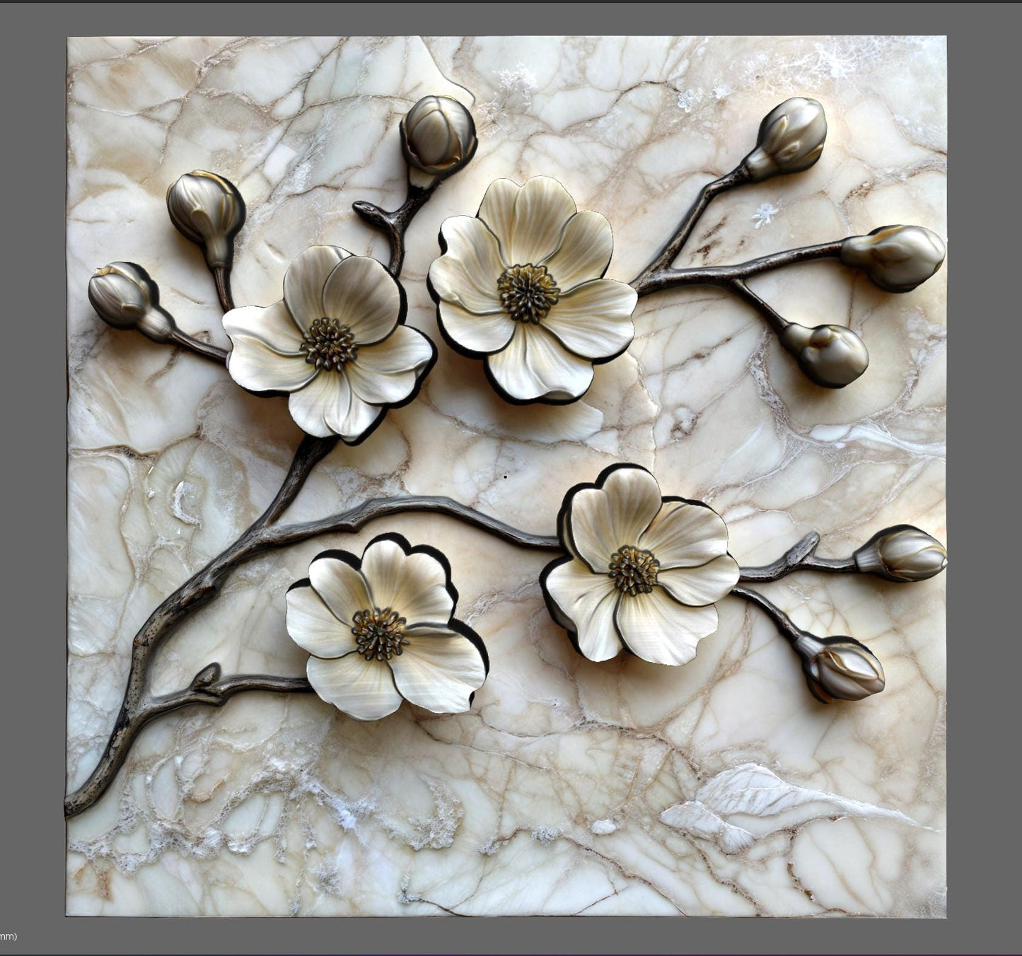Detailed 3D STL floral relief design featuring cherry blossom-style flowers and delicate branches, framed in a clean square layout. Ideal for CNC wood carving, laser engraving, or 3D printing on wood, resin, or stone. Perfect for creating elegant wall art, decorative panels, home décor, or gifts. The intricate petal shapes and natural composition add a touch of botanical beauty to any project, making it a standout digital download for craft and carving enthusiasts.