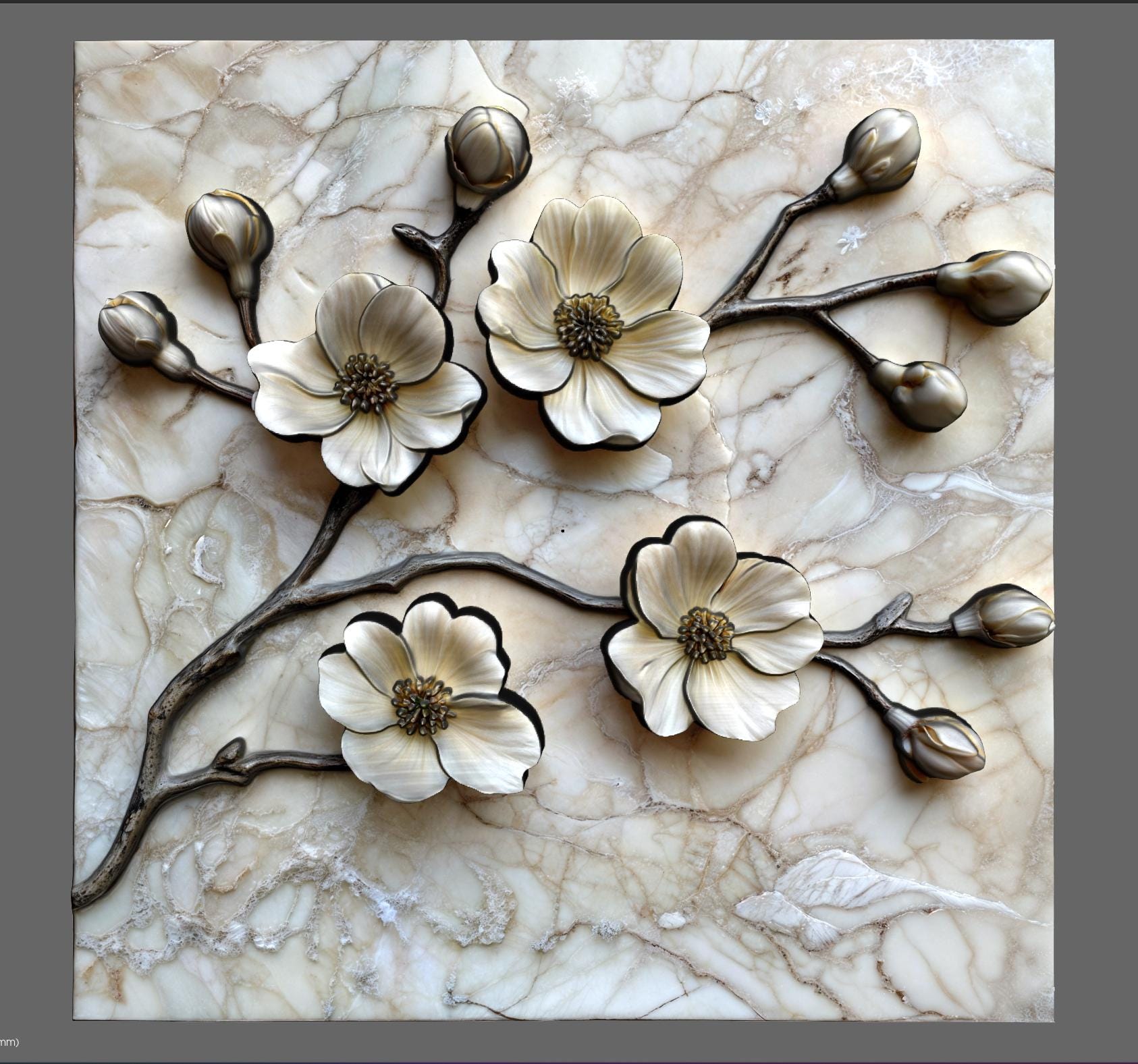 Detailed 3D STL floral relief design featuring cherry blossom-style flowers and delicate branches, framed in a clean square layout. Ideal for CNC wood carving, laser engraving, or 3D printing on wood, resin, or stone. Perfect for creating elegant wall art, decorative panels, home décor, or gifts. The intricate petal shapes and natural composition add a touch of botanical beauty to any project, making it a standout digital download for craft and carving enthusiasts.