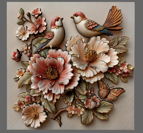 Cherry Blossom Birds 3D Relief: Floral CNC Carving STL (Digital Download)