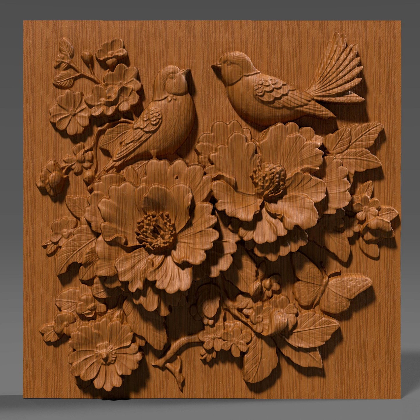 Cherry Blossom Birds 3D Relief: Floral CNC Carving STL (Digital Download)