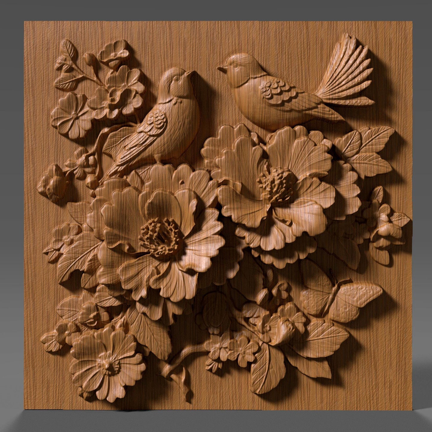 Cherry Blossom Birds 3D Relief: Floral CNC Carving STL (Digital Download)