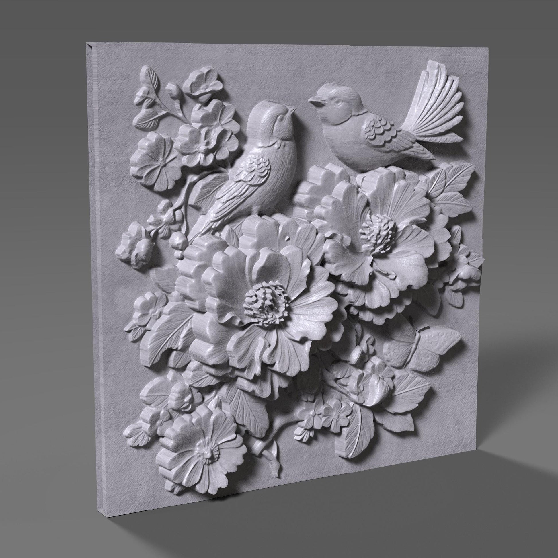 Cherry Blossom Birds 3D Relief: Floral CNC Carving STL (Digital Download)