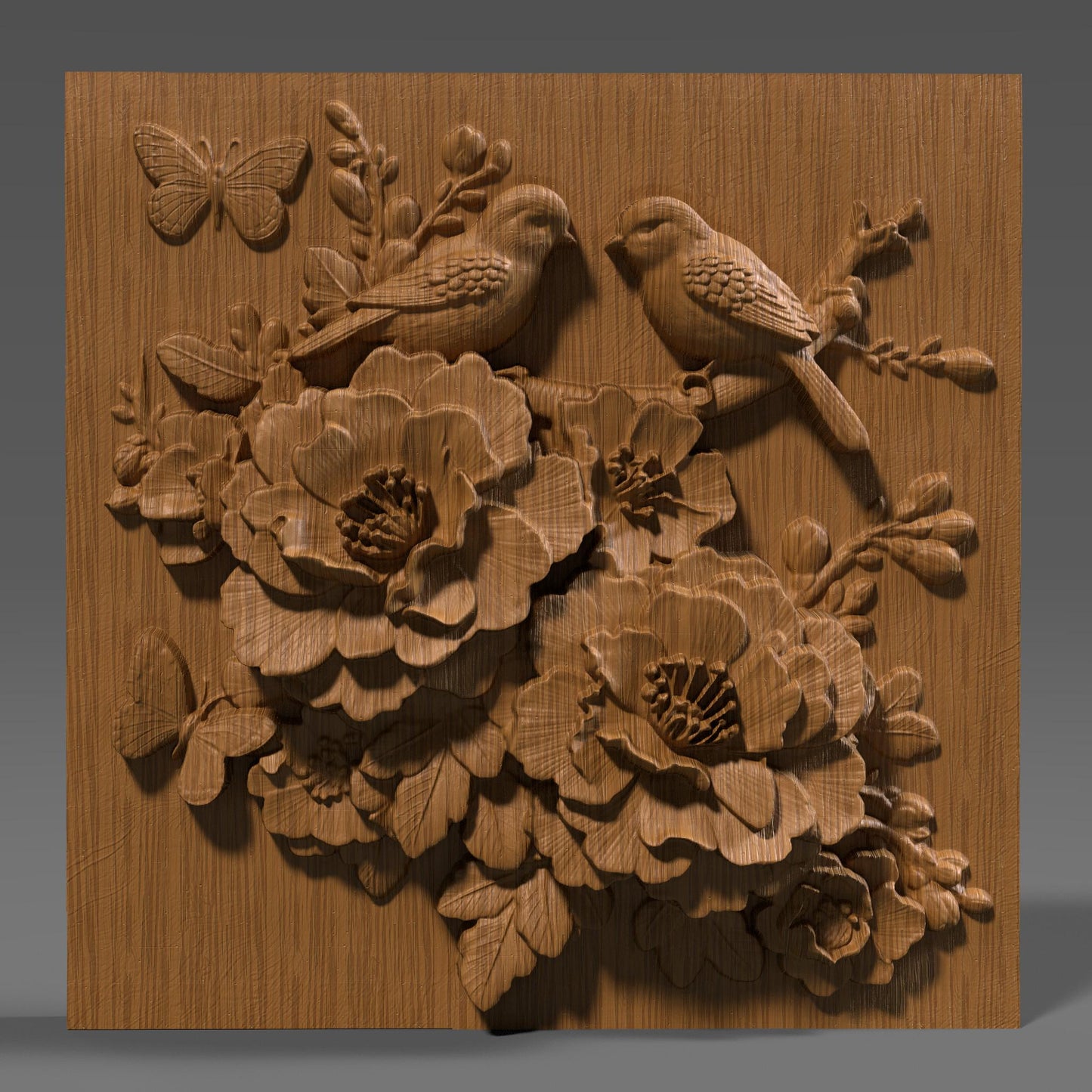 Intricate 3D bas relief of two birds resting among blooming cherry blossom flowers, surrounded by detailed leaves and a butterfly, all enclosed in a smooth oval frame. Designed for CNC wood carving, laser engraving, and digital download for nature-inspired home decor