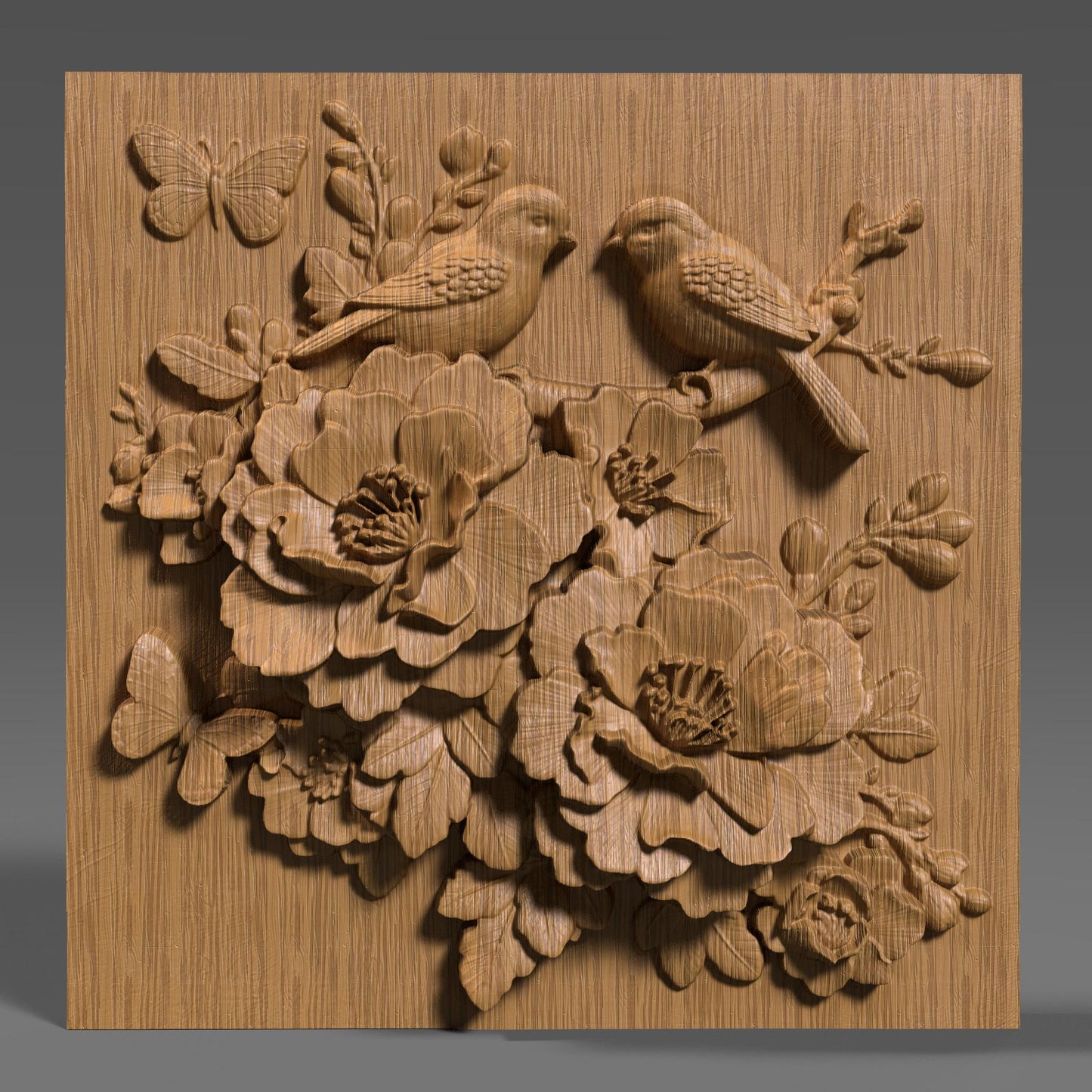 Intricate 3D bas relief of two birds resting among blooming cherry blossom flowers, surrounded by detailed leaves and a butterfly, all enclosed in a smooth oval frame. Designed for CNC wood carving, laser engraving, and digital download for nature-inspired home decor