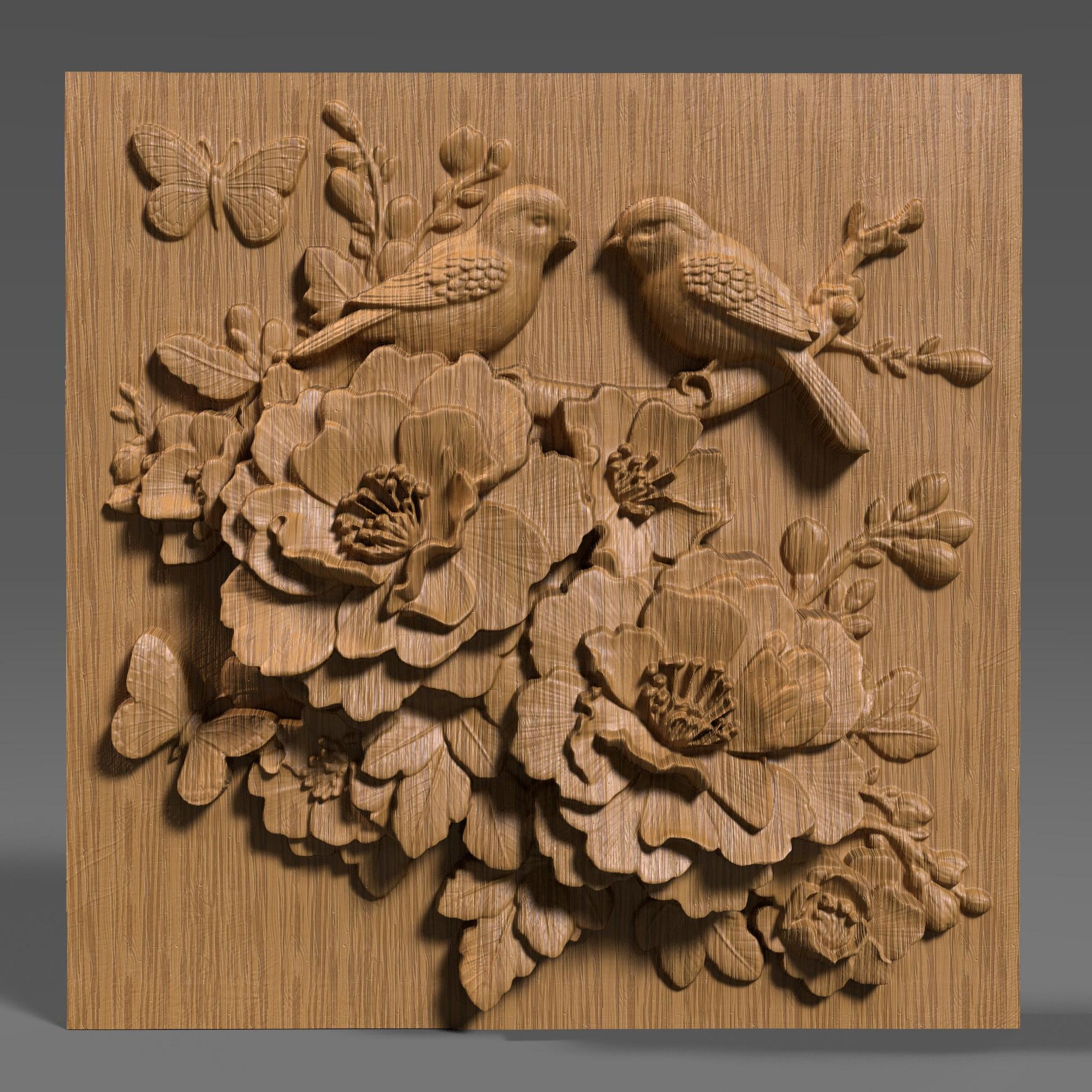 Intricate 3D bas relief of two birds resting among blooming cherry blossom flowers, surrounded by detailed leaves and a butterfly, all enclosed in a smooth oval frame. Designed for CNC wood carving, laser engraving, and digital download for nature-inspired home decor