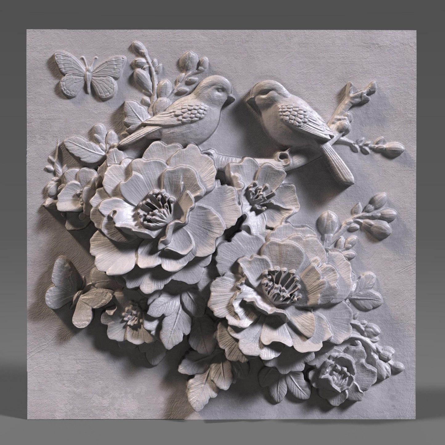 Cherry Blossom Birds 3D Relief Model: Floral Wall Art (STL File)