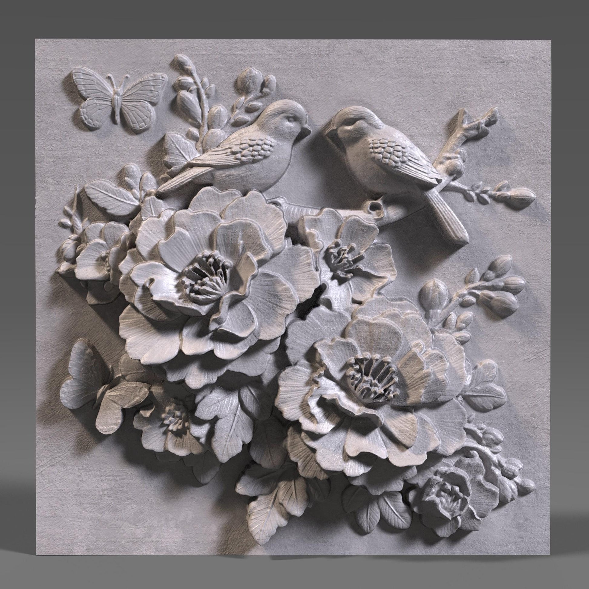 Cherry Blossom Birds 3D Relief Model: Floral Wall Art (STL File)