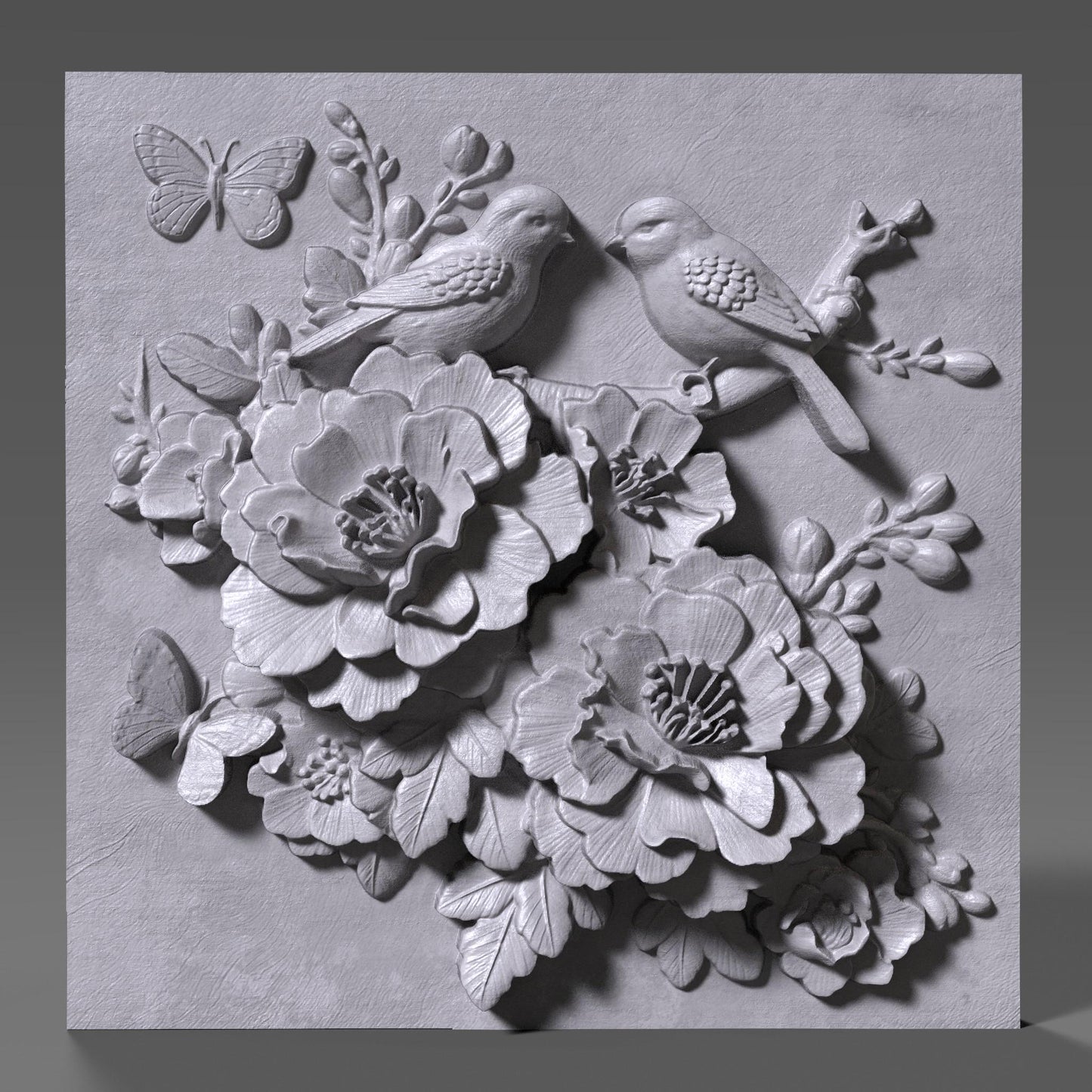 Cherry Blossom Birds 3D Relief Model: Floral Wall Art (STL File)