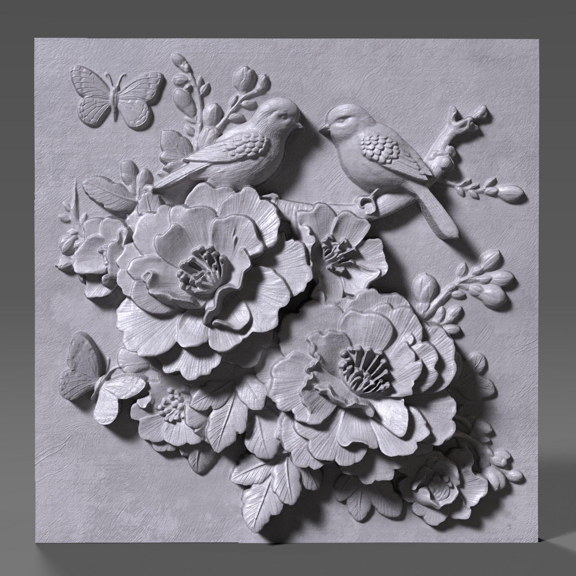 Cherry Blossom Birds 3D Relief Model: Floral Wall Art (STL File)
