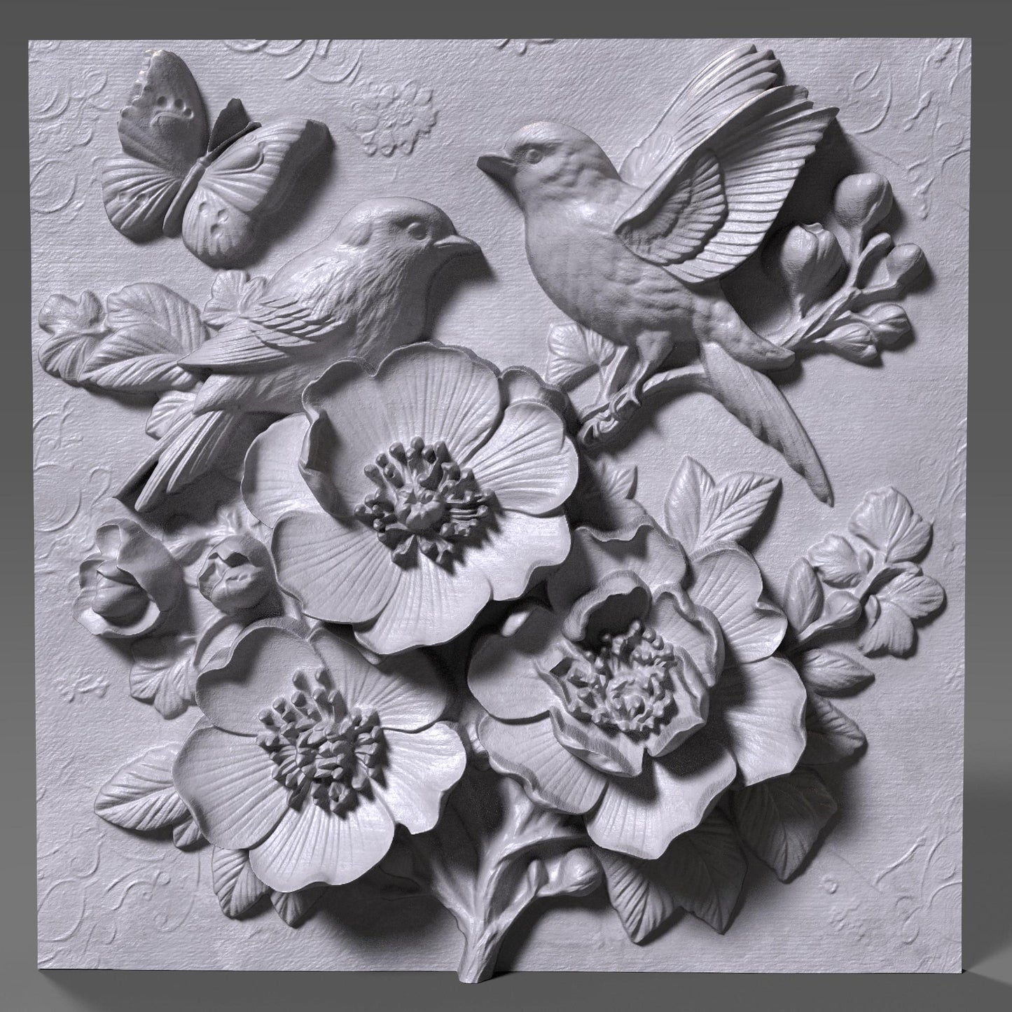 Cherry Blossom Birds 3D Relief STL File: Floral CNC Carving (Digital Download)