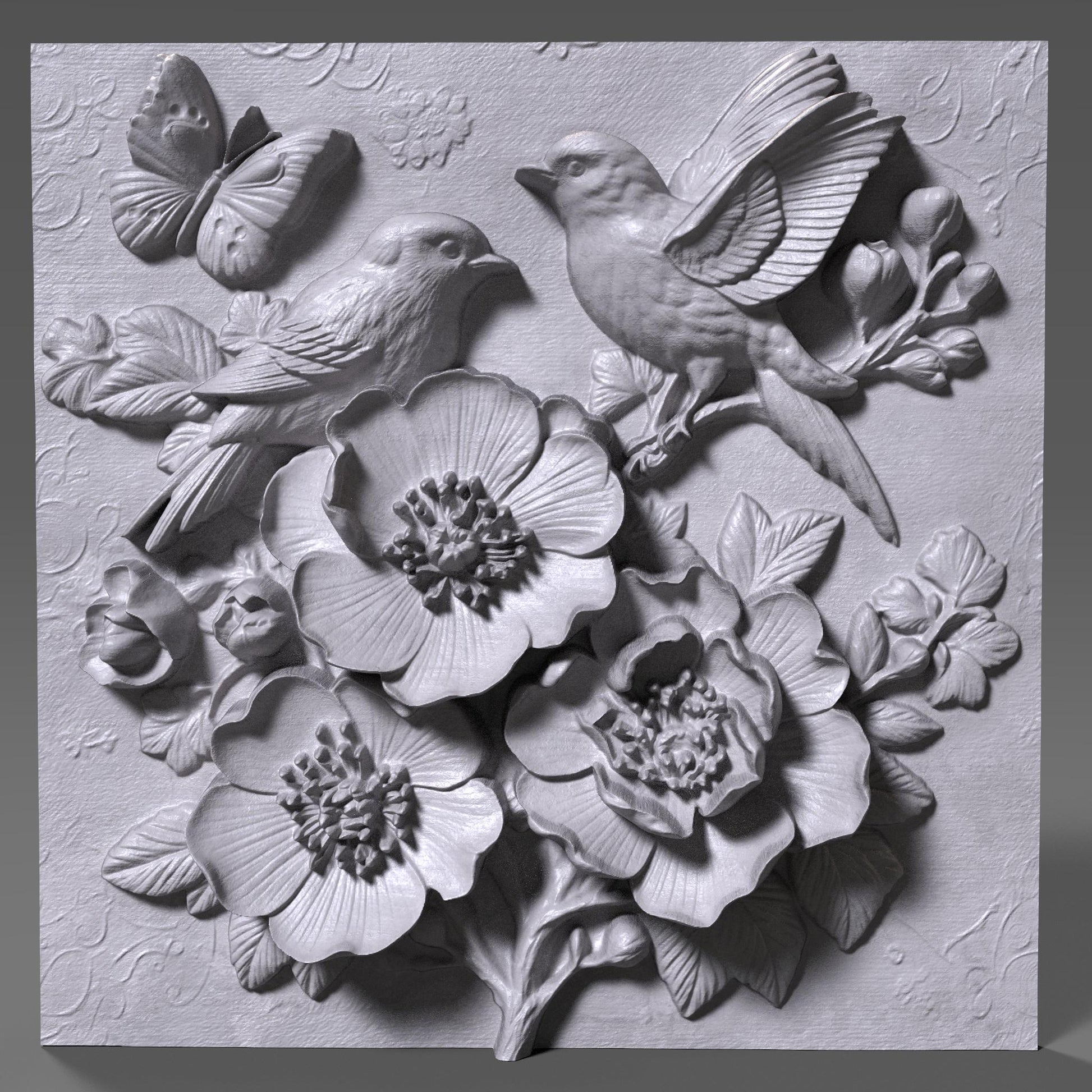Cherry Blossom Birds 3D Relief STL File: Floral CNC Carving (Digital Download)