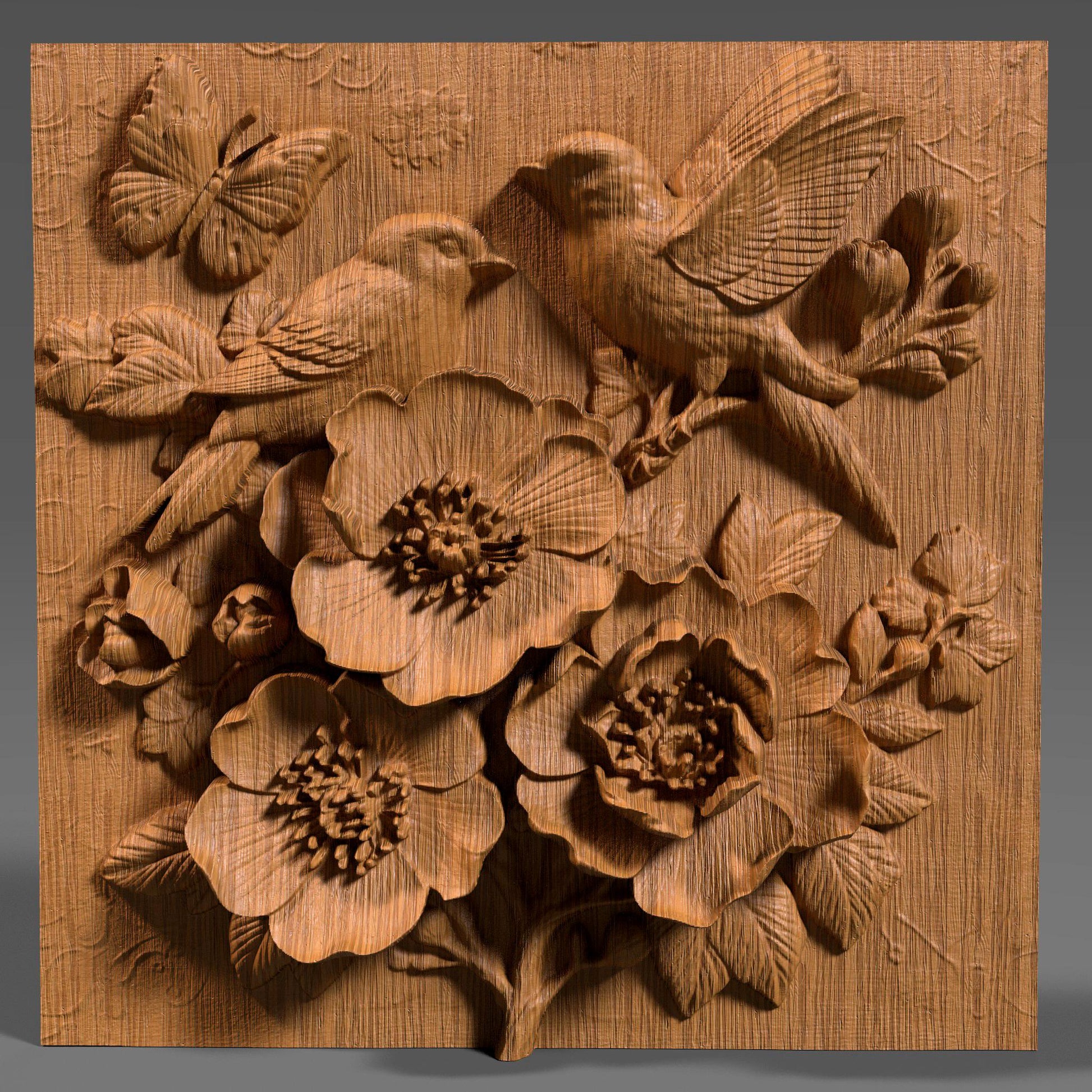 Intricate 3D bas relief of two birds resting among blooming cherry blossom flowers, surrounded by detailed leaves and a butterfly, all enclosed in a smooth oval frame. Designed for CNC wood carving, laser engraving, and digital download for nature-inspired home decor