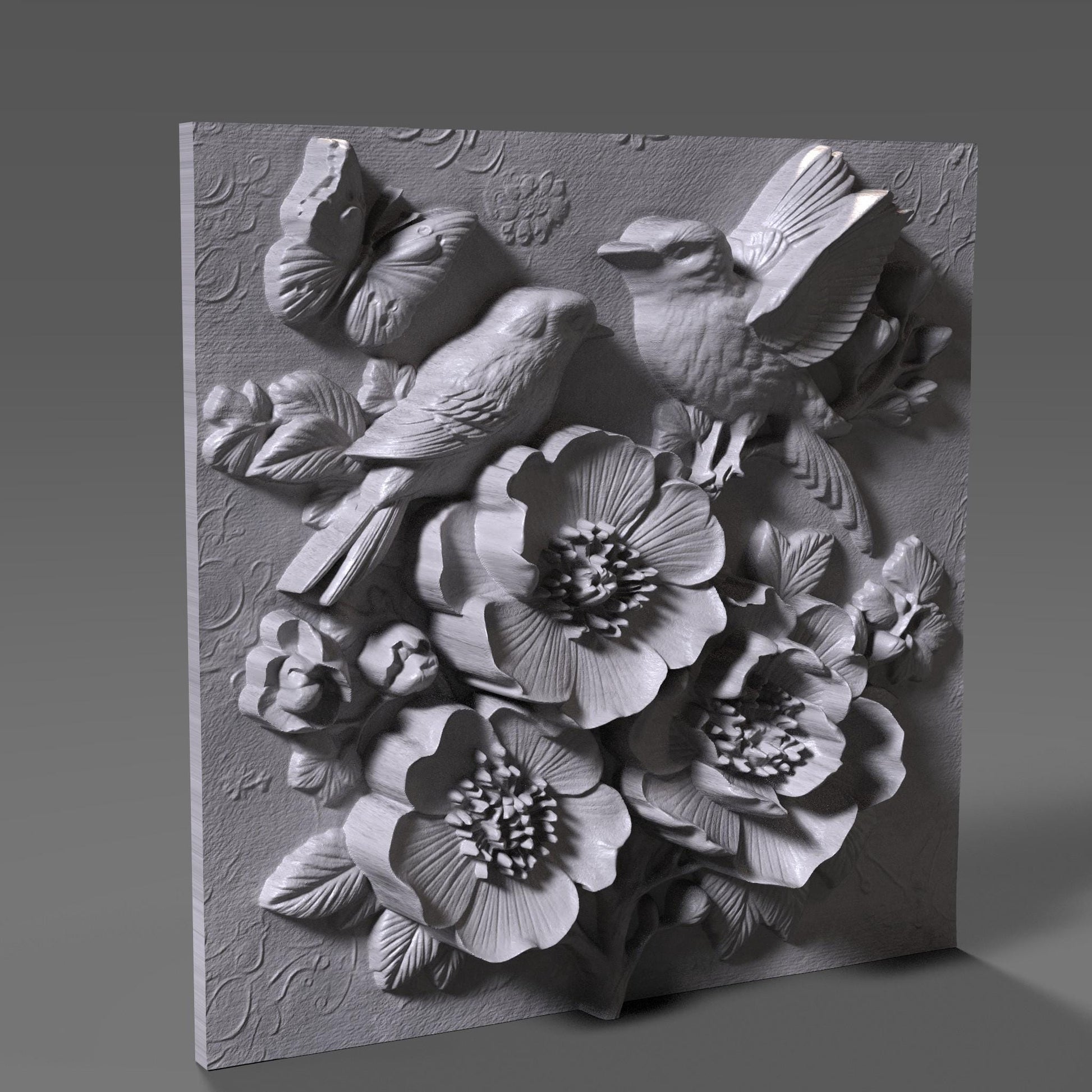 Cherry Blossom Birds 3D Relief STL File: Floral CNC Carving (Digital Download)