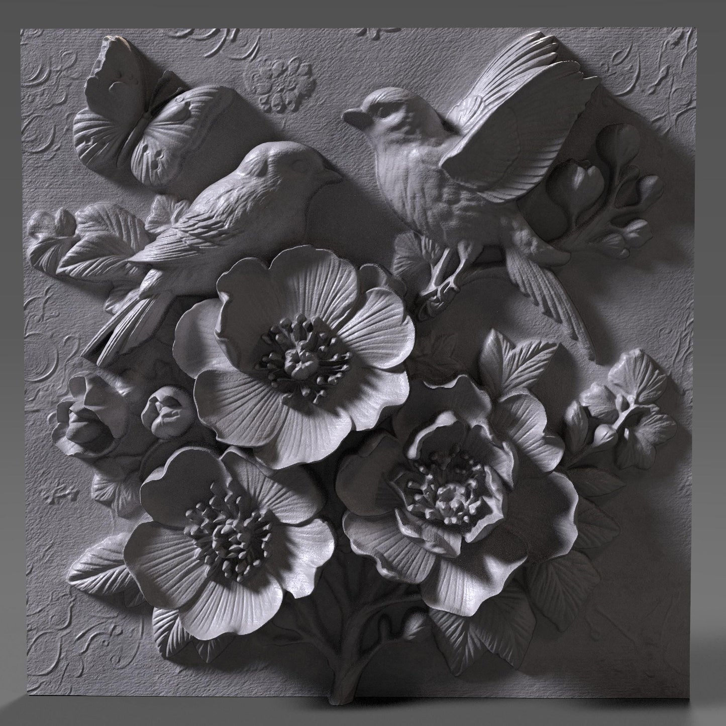 Cherry Blossom Birds 3D Relief STL File: Floral CNC Carving (Digital Download)
