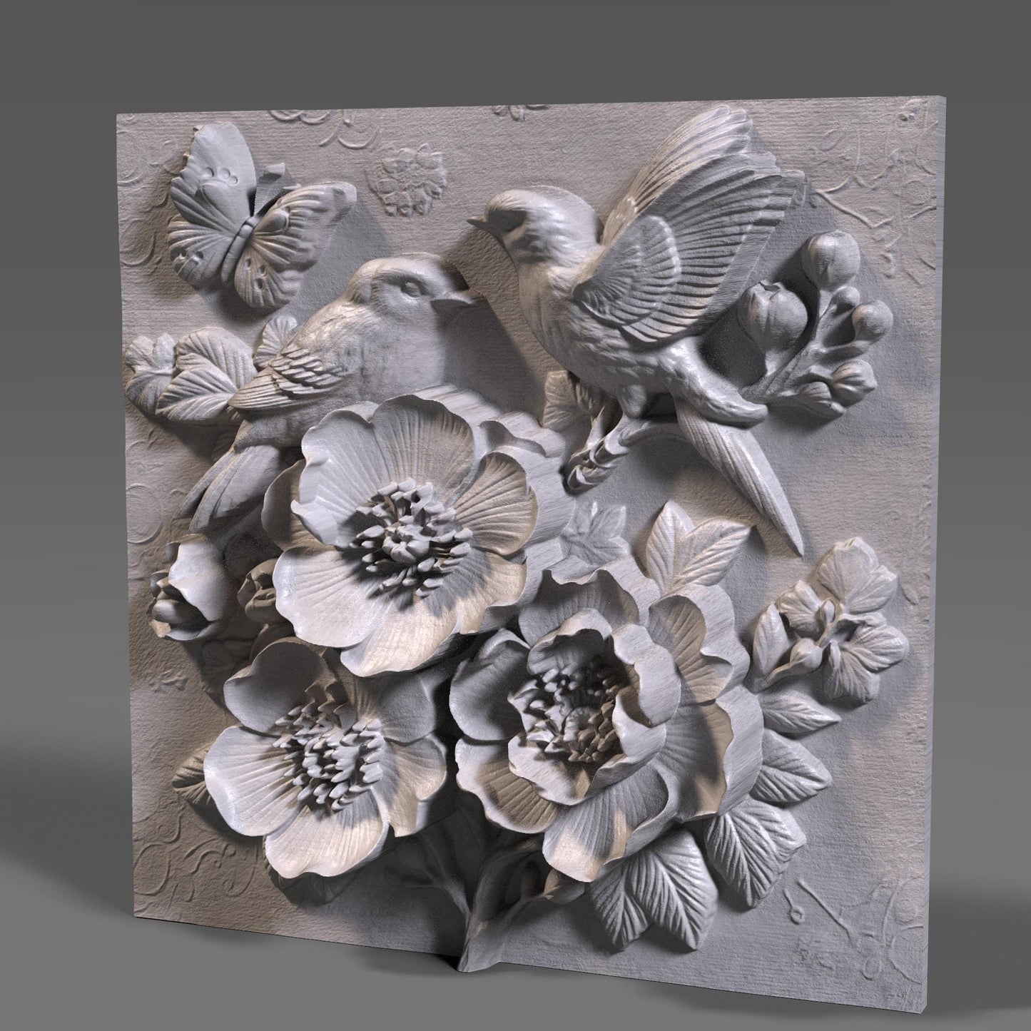Cherry Blossom Birds 3D Relief STL File: Floral CNC Carving (Digital Download)
