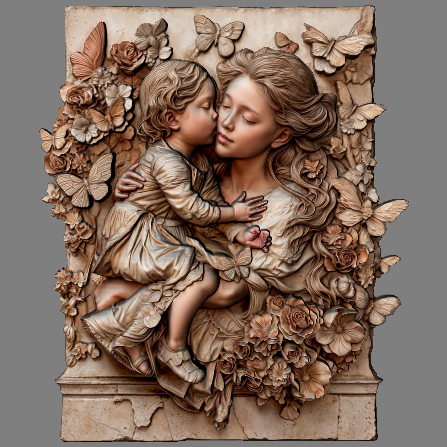 Mother and child 3D relief model showing a tender hug, symbolizing love, peace, and maternal care. Ideal for Mother’s Day gifts or religious decor, this STL digital file is perfect for CNC wood carving, 3D printing, and laser engraving. The design includes floral details and a flowing composition that works well on wood, resin, or stone. Great for wall art, keepsakes, or personalized gifts. A meaningful carving for home decor, religious art lovers, or heartfelt custom projects.