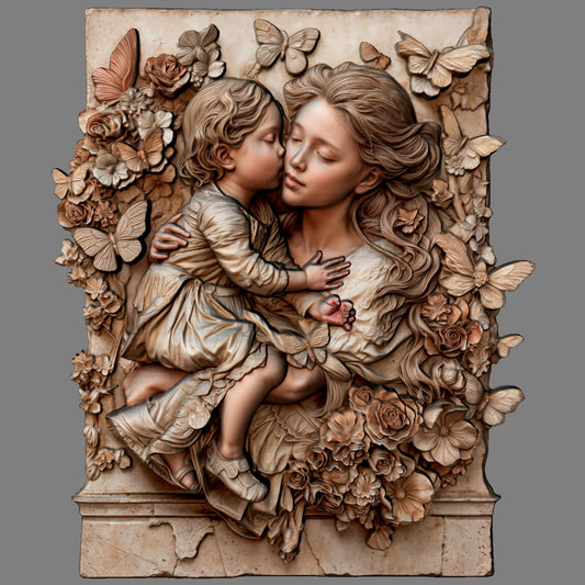 Mother and child 3D relief model showing a tender hug, symbolizing love, peace, and maternal care. Ideal for Mother’s Day gifts or religious decor, this STL digital file is perfect for CNC wood carving, 3D printing, and laser engraving. The design includes floral details and a flowing composition that works well on wood, resin, or stone. Great for wall art, keepsakes, or personalized gifts. A meaningful carving for home decor, religious art lovers, or heartfelt custom projects.