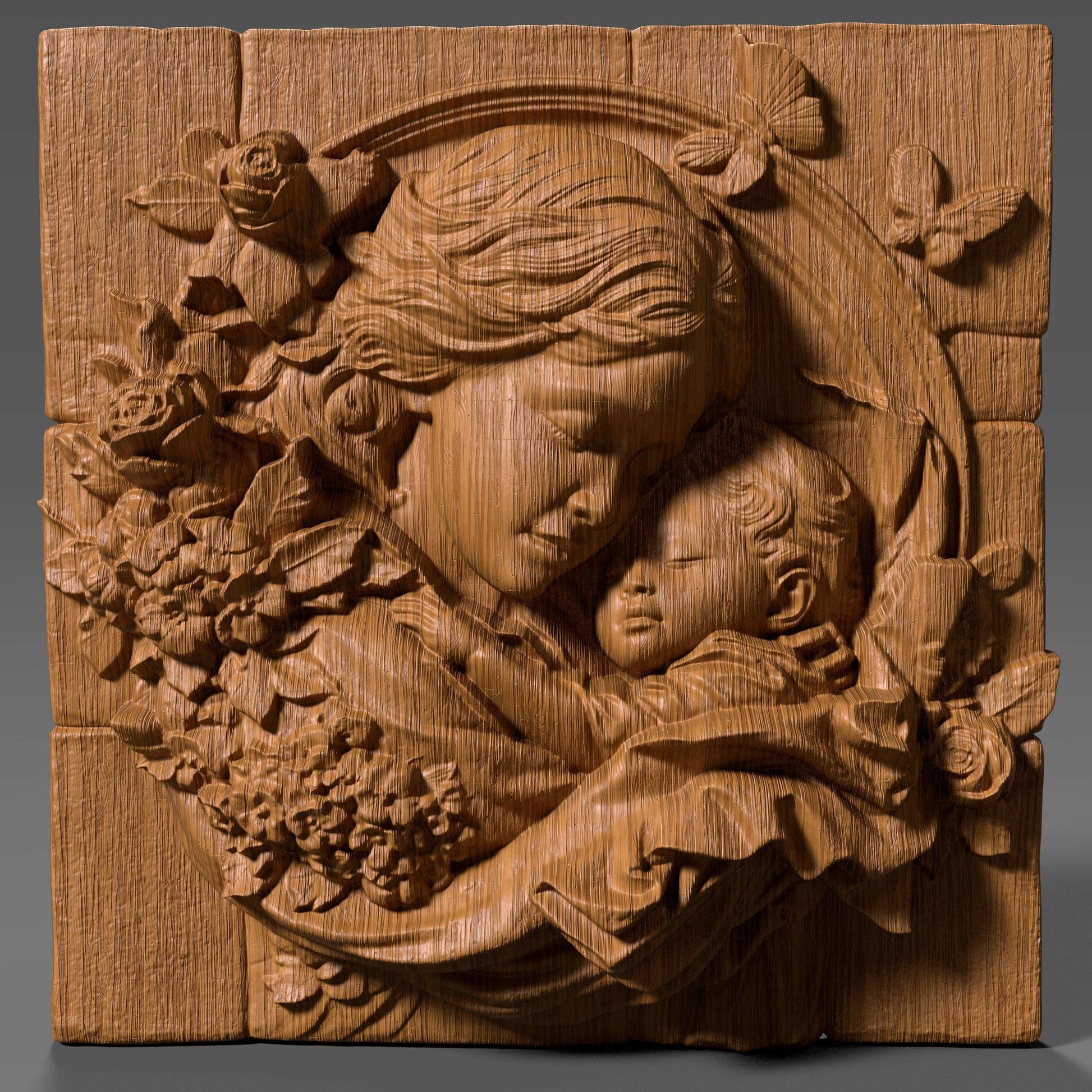 Mother and child 3D relief model showing a tender hug, symbolizing love, peace, and maternal care. Ideal for Mother’s Day gifts or religious decor, this STL digital file is perfect for CNC wood carving, 3D printing, and laser engraving. The design includes floral details and a flowing composition that works well on wood, resin, or stone. Great for wall art, keepsakes, or personalized gifts. A meaningful carving for home decor, religious art lovers, or heartfelt custom projects.
