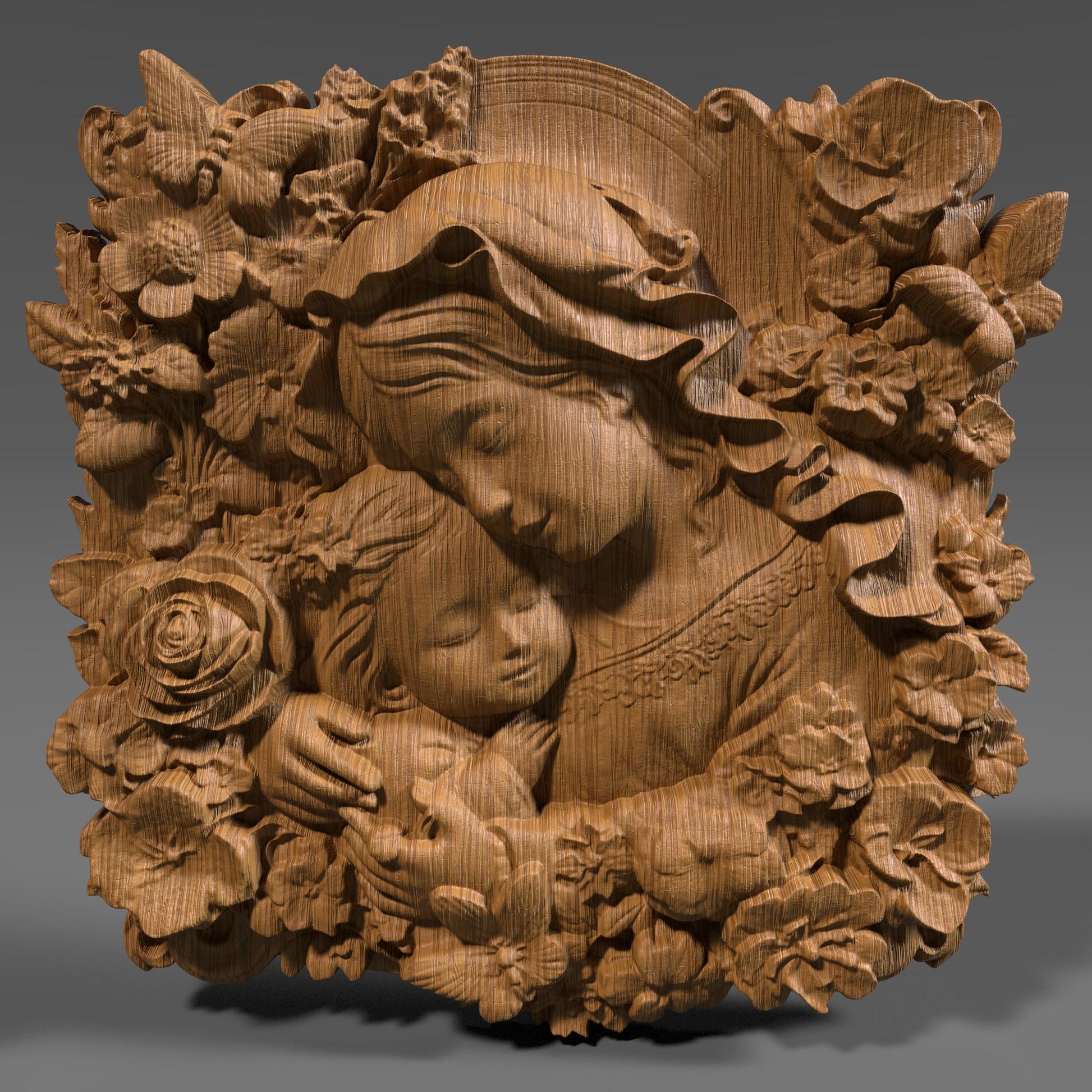 Mother and child 3D relief model showing a tender hug, symbolizing love, peace, and maternal care. Ideal for Mother’s Day gifts or religious decor, this STL digital file is perfect for CNC wood carving, 3D printing, and laser engraving. The design includes floral details and a flowing composition that works well on wood, resin, or stone. Great for wall art, keepsakes, or personalized gifts. A meaningful carving for home decor, religious art lovers, or heartfelt custom projects.