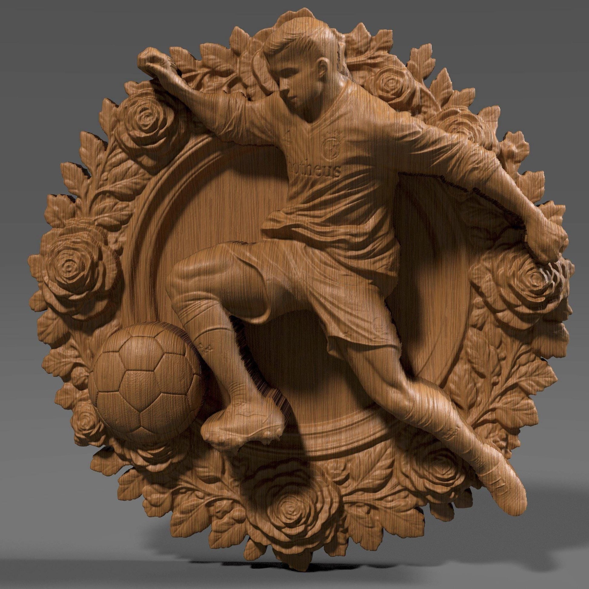 3D bas relief artwork of a dynamic male soccer player performing a powerful kick, surrounded by an ornate circular floral wreath. The athlete wears a jersey with the number 19 and is depicted mid-action with intense focus, about to strike a classic paneled soccer ball. The sculpted frame features detailed roses, leaves, and natural elements, all rendered in a carved wood finish. Ideal for CNC carving, laser engraving, or sports-themed wall decor.