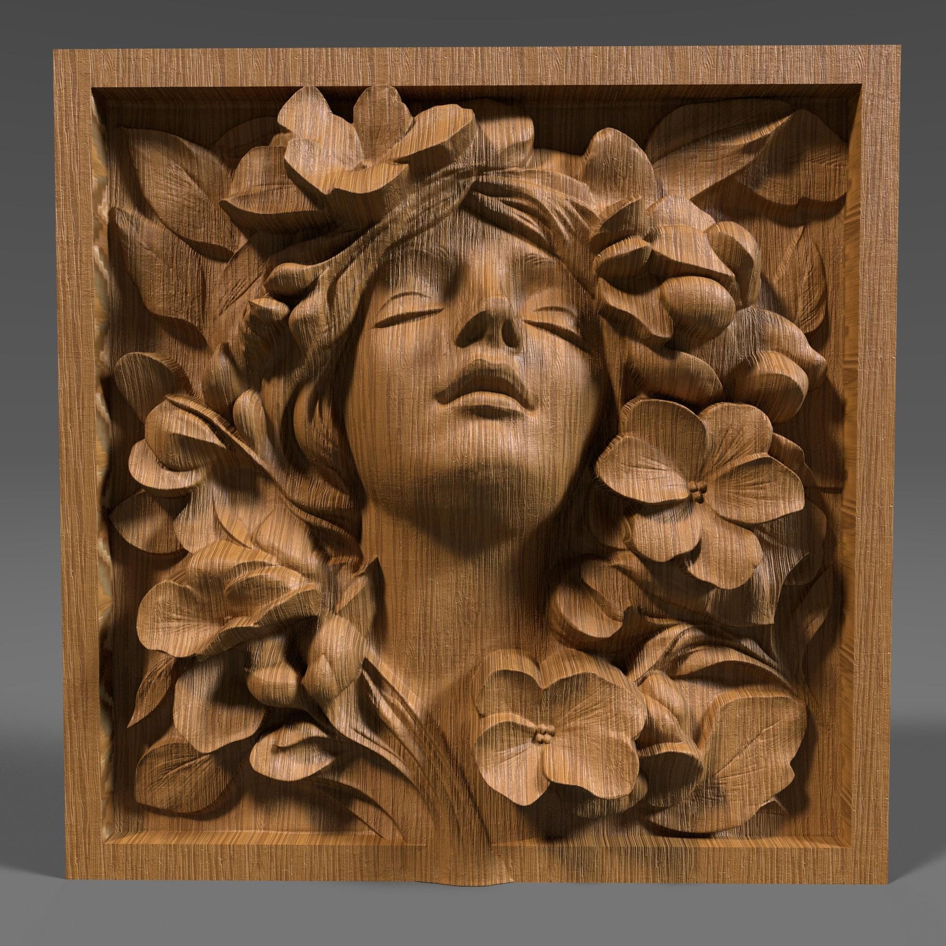 A beautifully detailed 3D bas relief carving of a serene female face surrounded by large blooming flowers and lush leaves. Her eyes are closed and lips slightly parted, giving a peaceful, almost meditative expression. The floral arrangement frames her face harmoniously, enhancing the elegance and calmness of the composition. This relief art is ideal for CNC wood carving or laser engraving, capturing both natural beauty and tranquility in a timeless decorative panel.