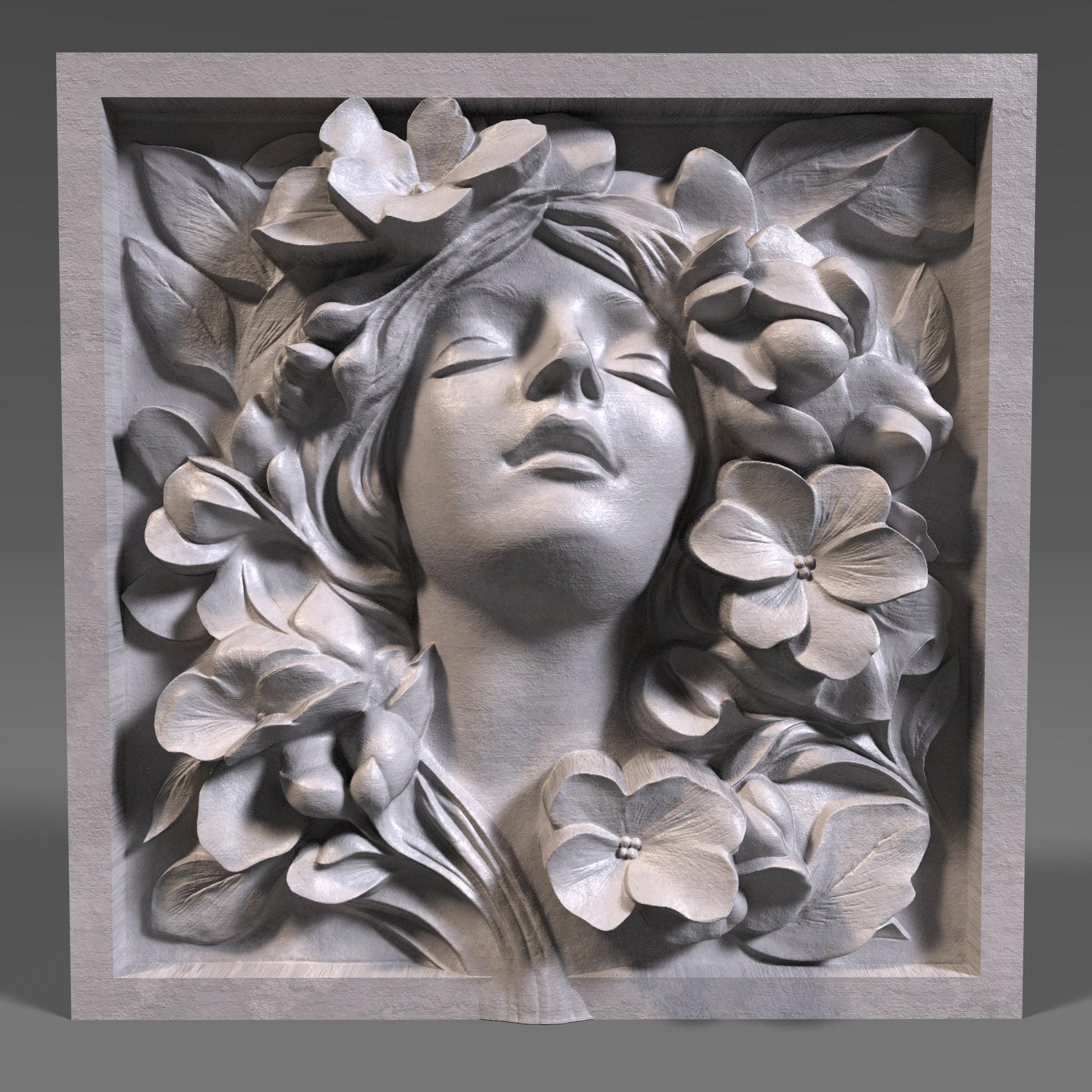 A beautifully detailed 3D bas relief carving of a serene female face surrounded by large blooming flowers and lush leaves. Her eyes are closed and lips slightly parted, giving a peaceful, almost meditative expression. The floral arrangement frames her face harmoniously, enhancing the elegance and calmness of the composition. This relief art is ideal for CNC wood carving or laser engraving, capturing both natural beauty and tranquility in a timeless decorative panel.