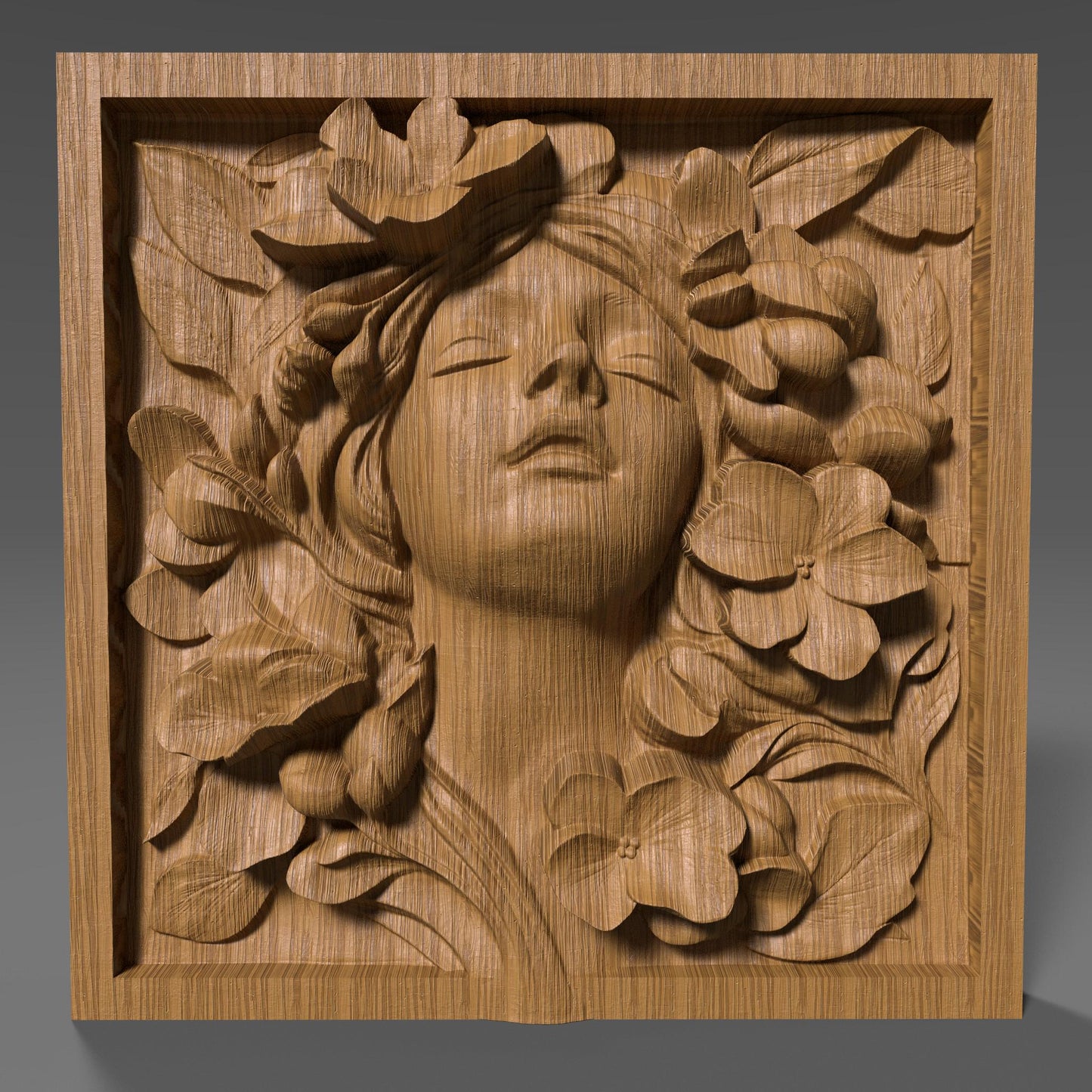 A beautifully detailed 3D bas relief carving of a serene female face surrounded by large blooming flowers and lush leaves. Her eyes are closed and lips slightly parted, giving a peaceful, almost meditative expression. The floral arrangement frames her face harmoniously, enhancing the elegance and calmness of the composition. This relief art is ideal for CNC wood carving or laser engraving, capturing both natural beauty and tranquility in a timeless decorative panel.