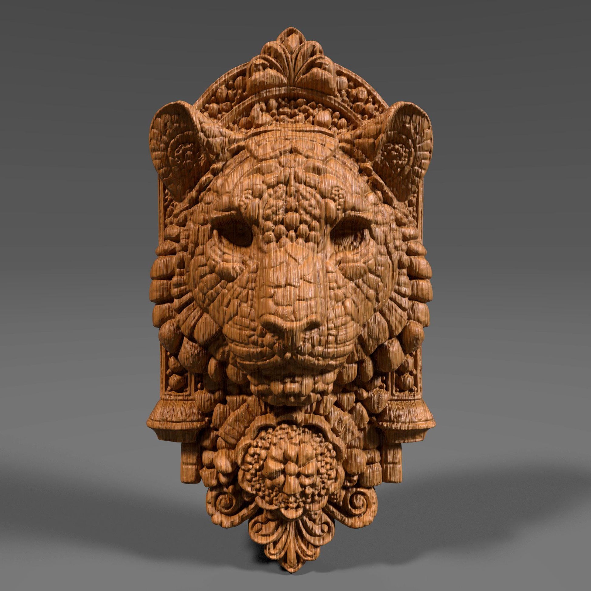 3D bas relief wood and stone carving of a highly detailed tiger head with ornate decorations, symmetrical tribal-style textures, and intricate patterns around the face. The carving features floral and geometric embellishments, all rendered in a vertical plaque format, ideal for CNC machining, laser engraving, or 3D printing.
