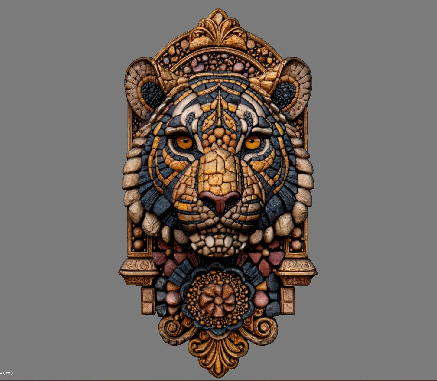 3D bas relief wood and stone carving of a highly detailed tiger head with ornate decorations, symmetrical tribal-style textures, and intricate patterns around the face. The carving features floral and geometric embellishments, all rendered in a vertical plaque format, ideal for CNC machining, laser engraving, or 3D printing.