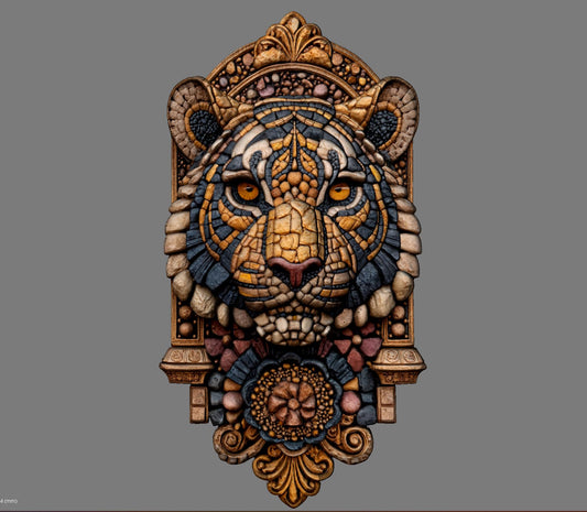 3D bas relief wood and stone carving of a highly detailed tiger head with ornate decorations, symmetrical tribal-style textures, and intricate patterns around the face. The carving features floral and geometric embellishments, all rendered in a vertical plaque format, ideal for CNC machining, laser engraving, or 3D printing.