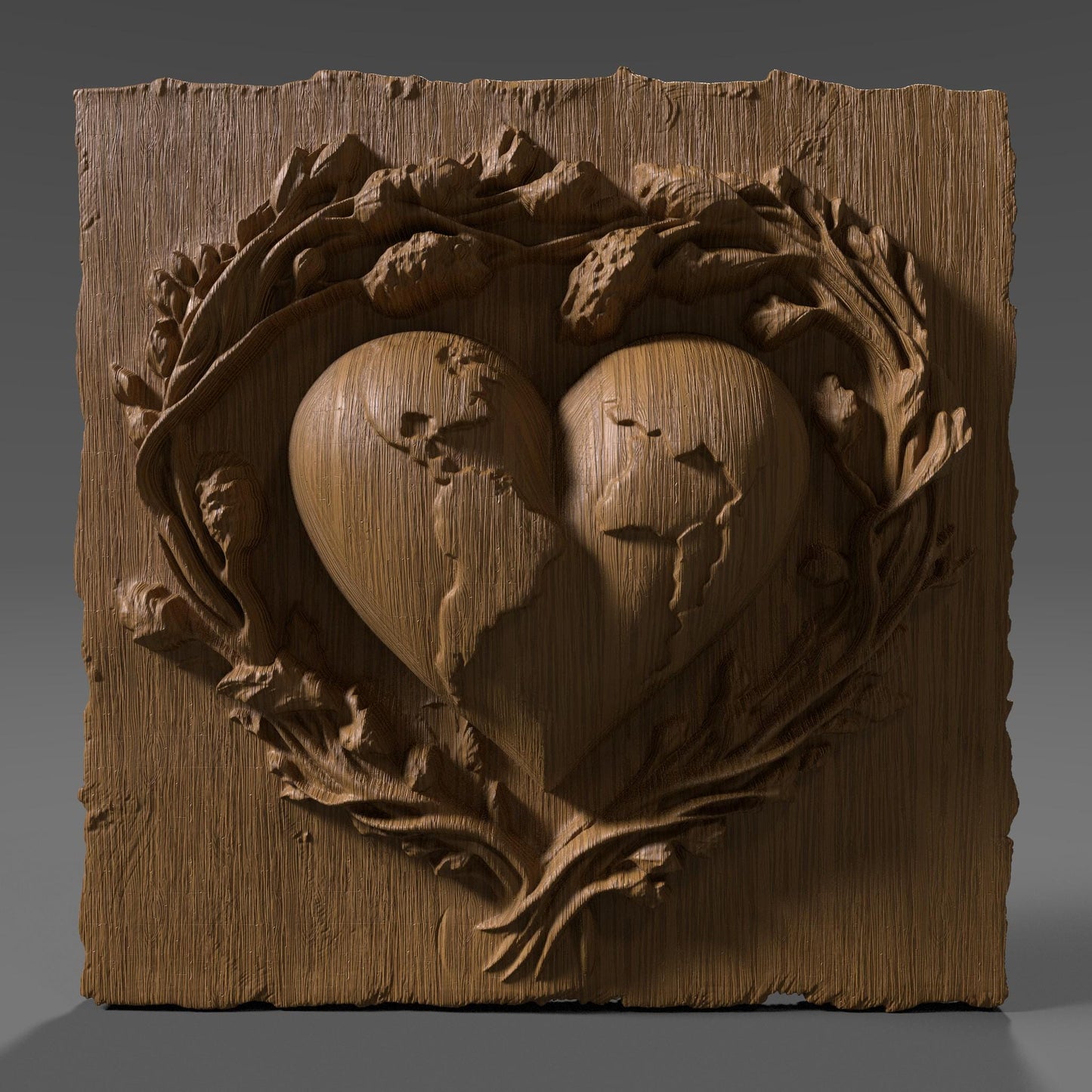 A beautifully carved 3D bas relief design showing a heart-shaped Earth surrounded by blooming branches, symbolizing love and protection for our planet. The continents are engraved onto the heart, emphasizing global unity and environmental care. Ideal for Earth Day-themed CNC wood carving, laser engraving, digital download, eco-friendly gifts, or wall decor.