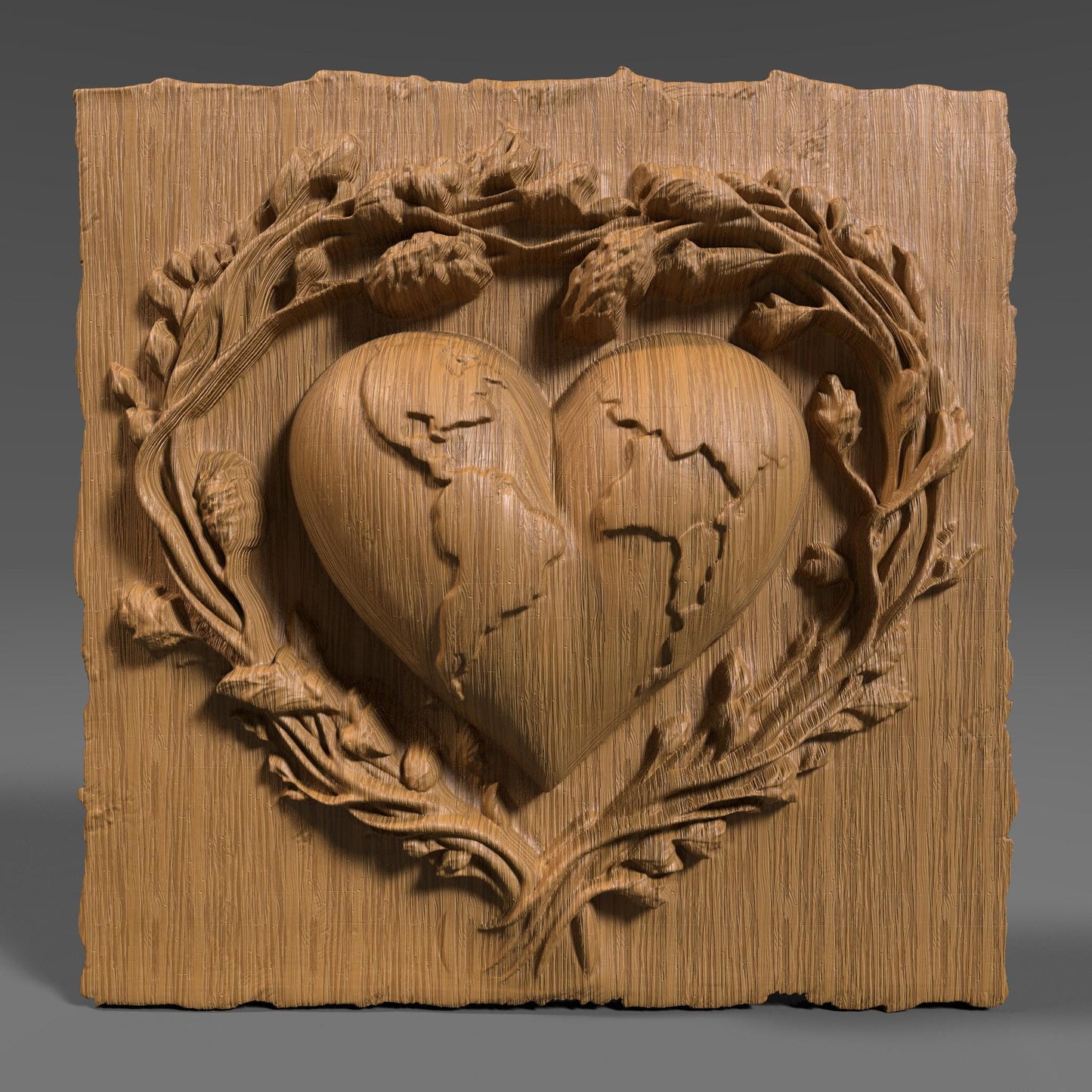 A beautifully carved 3D bas relief design showing a heart-shaped Earth surrounded by blooming branches, symbolizing love and protection for our planet. The continents are engraved onto the heart, emphasizing global unity and environmental care. Ideal for Earth Day-themed CNC wood carving, laser engraving, digital download, eco-friendly gifts, or wall decor.