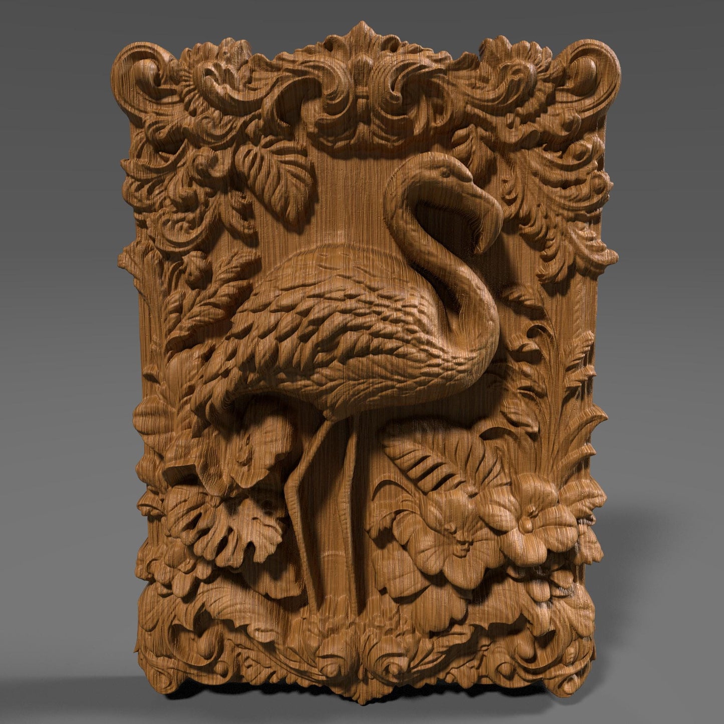 Highly detailed 3D STL relief carving of a flamingo standing elegantly amidst lush tropical foliage and flowers, framed within an ornate, baroque-inspired rectangular border. The design features intricate feather textures, layered botanical elements, and decorative scrollwork, making it ideal for CNC wood carving, laser engraving, or resin casting. Perfect as summer-themed wall art or a digital download for artistic decor and wildlife lovers.