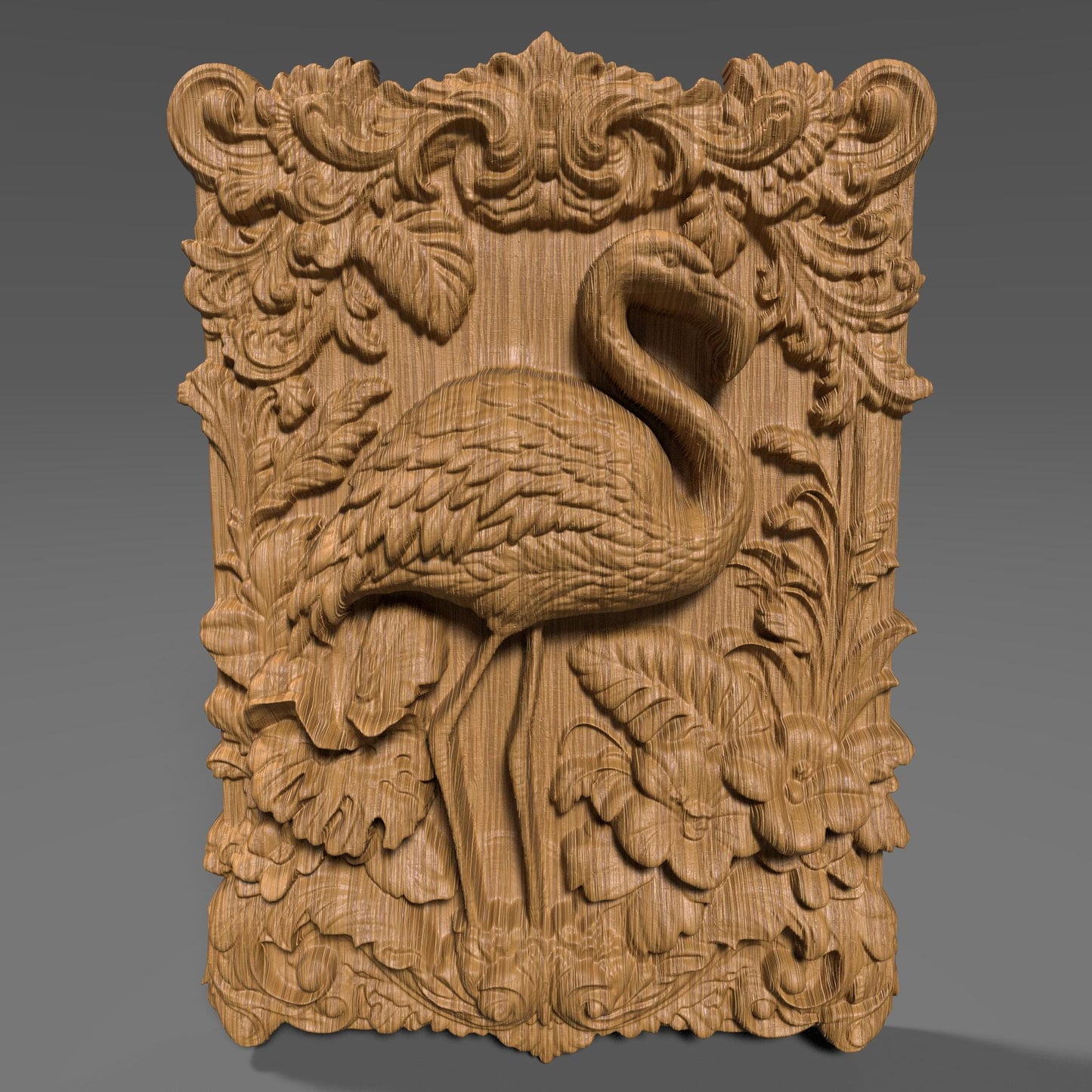 Highly detailed 3D STL relief carving of a flamingo standing elegantly amidst lush tropical foliage and flowers, framed within an ornate, baroque-inspired rectangular border. The design features intricate feather textures, layered botanical elements, and decorative scrollwork, making it ideal for CNC wood carving, laser engraving, or resin casting. Perfect as summer-themed wall art or a digital download for artistic decor and wildlife lovers.