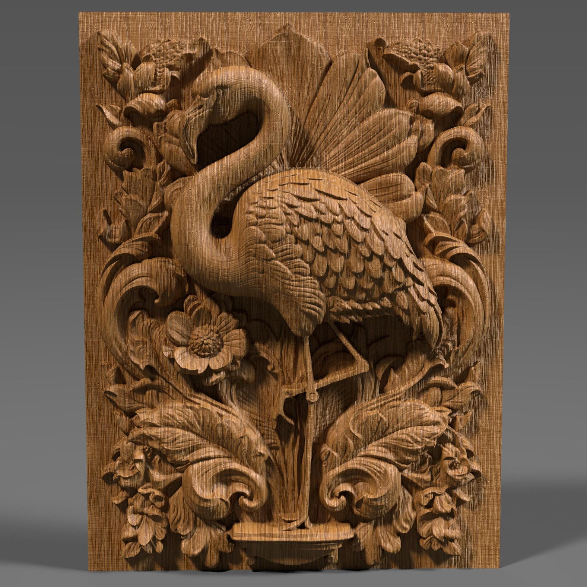 Highly detailed 3D STL relief carving of a flamingo standing elegantly amidst lush tropical foliage and flowers, framed within an ornate, baroque-inspired rectangular border. The design features intricate feather textures, layered botanical elements, and decorative scrollwork, making it ideal for CNC wood carving, laser engraving, or resin casting. Perfect as summer-themed wall art or a digital download for artistic decor and wildlife lovers.