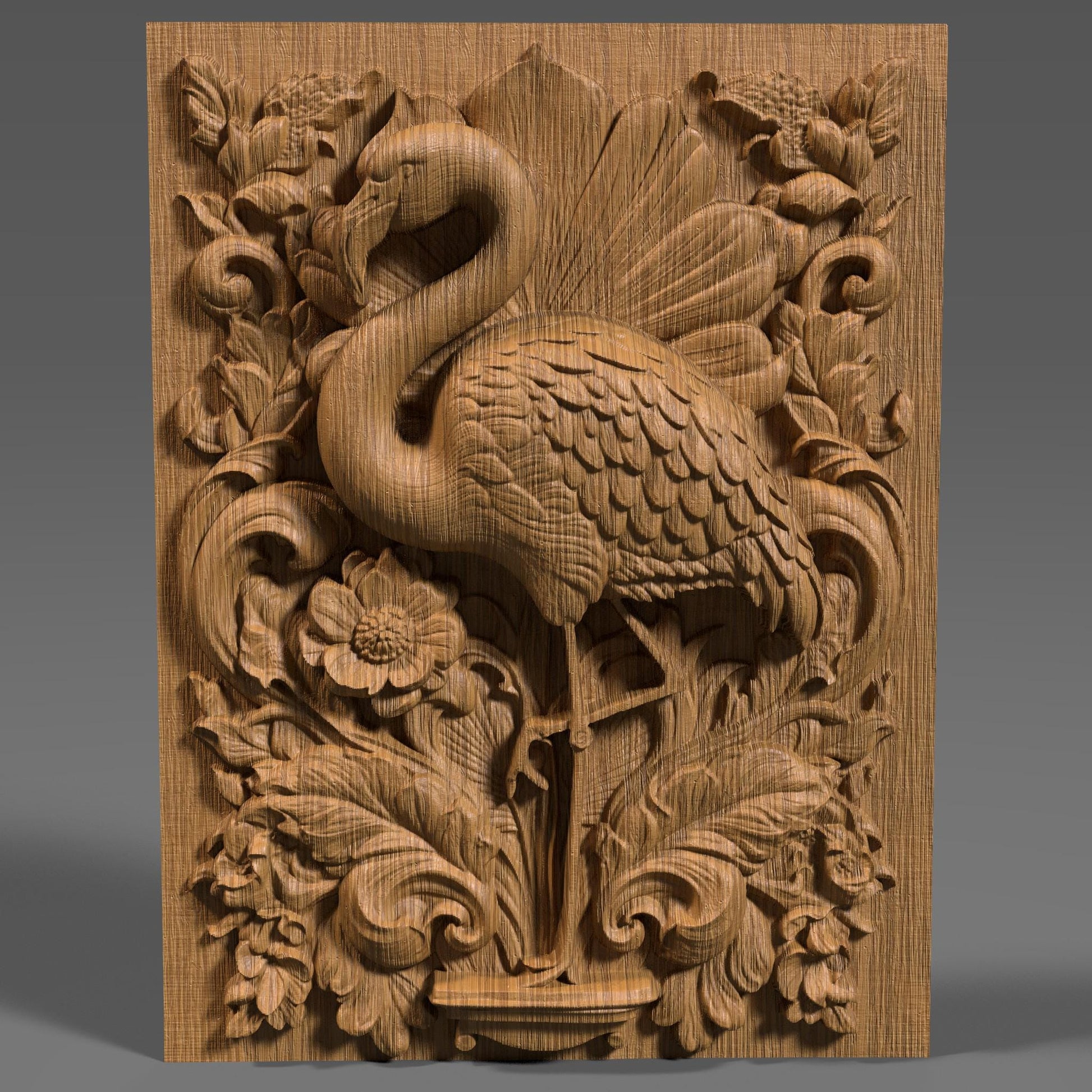 Highly detailed 3D STL relief carving of a flamingo standing elegantly amidst lush tropical foliage and flowers, framed within an ornate, baroque-inspired rectangular border. The design features intricate feather textures, layered botanical elements, and decorative scrollwork, making it ideal for CNC wood carving, laser engraving, or resin casting. Perfect as summer-themed wall art or a digital download for artistic decor and wildlife lovers.