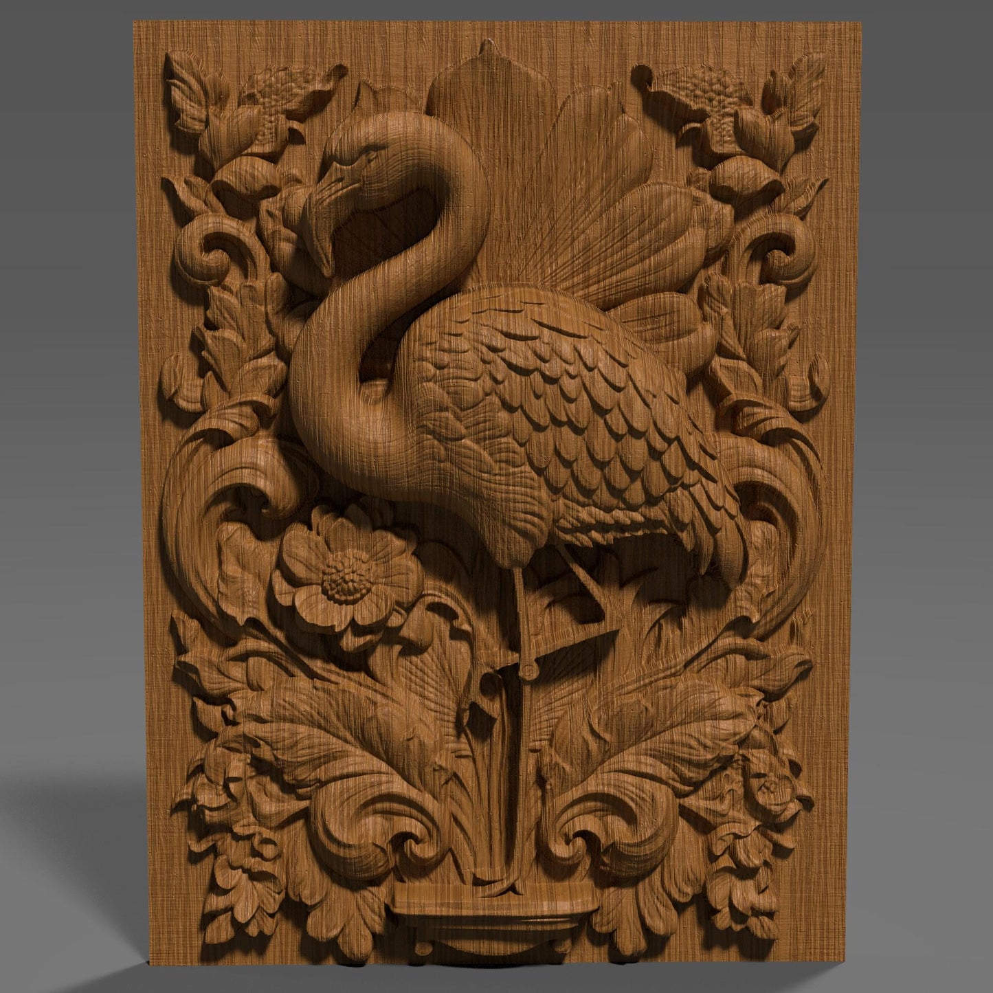 Highly detailed 3D STL relief carving of a flamingo standing elegantly amidst lush tropical foliage and flowers, framed within an ornate, baroque-inspired rectangular border. The design features intricate feather textures, layered botanical elements, and decorative scrollwork, making it ideal for CNC wood carving, laser engraving, or resin casting. Perfect as summer-themed wall art or a digital download for artistic decor and wildlife lovers.