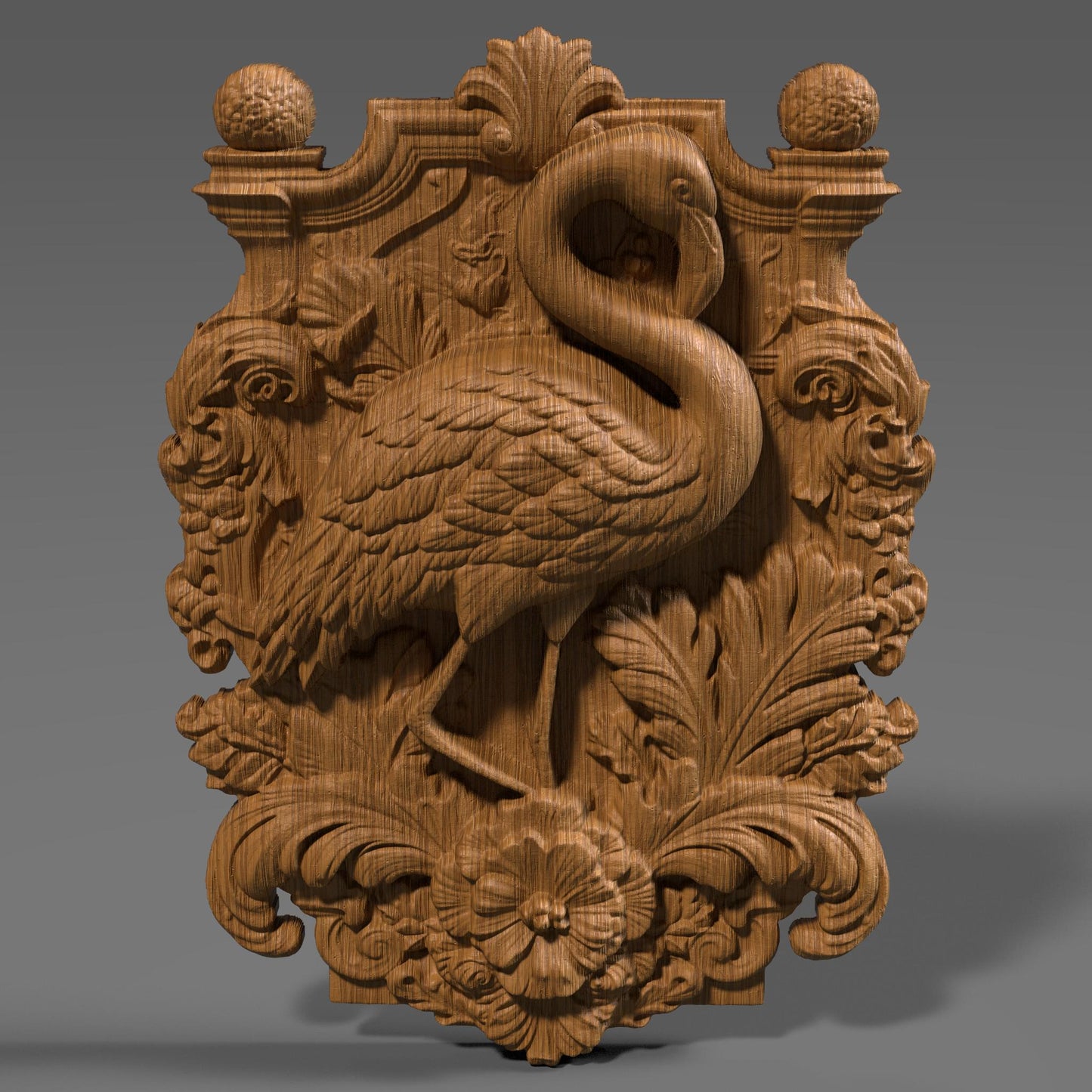 Highly detailed 3D STL relief carving of a flamingo standing elegantly amidst lush tropical foliage and flowers, framed within an ornate, baroque-inspired rectangular border. The design features intricate feather textures, layered botanical elements, and decorative scrollwork, making it ideal for CNC wood carving, laser engraving, or resin casting. Perfect as summer-themed wall art or a digital download for artistic decor and wildlife lovers.