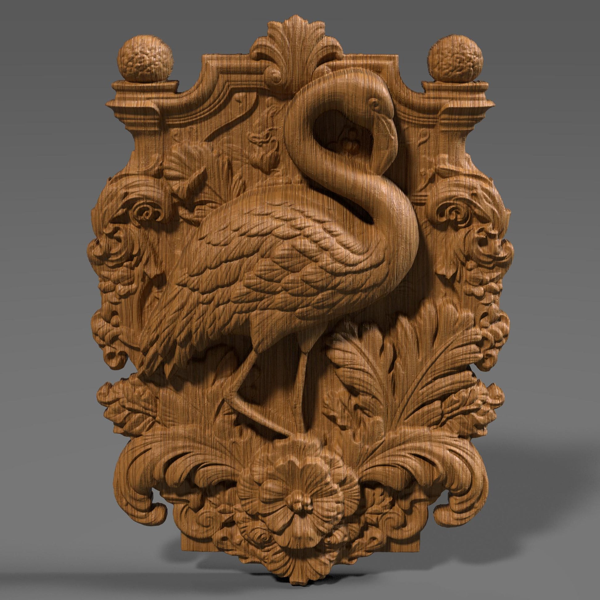 Highly detailed 3D STL relief carving of a flamingo standing elegantly amidst lush tropical foliage and flowers, framed within an ornate, baroque-inspired rectangular border. The design features intricate feather textures, layered botanical elements, and decorative scrollwork, making it ideal for CNC wood carving, laser engraving, or resin casting. Perfect as summer-themed wall art or a digital download for artistic decor and wildlife lovers.